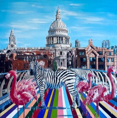 Wild Encounters-original abstract surrealism wildlife cityscape oil painting