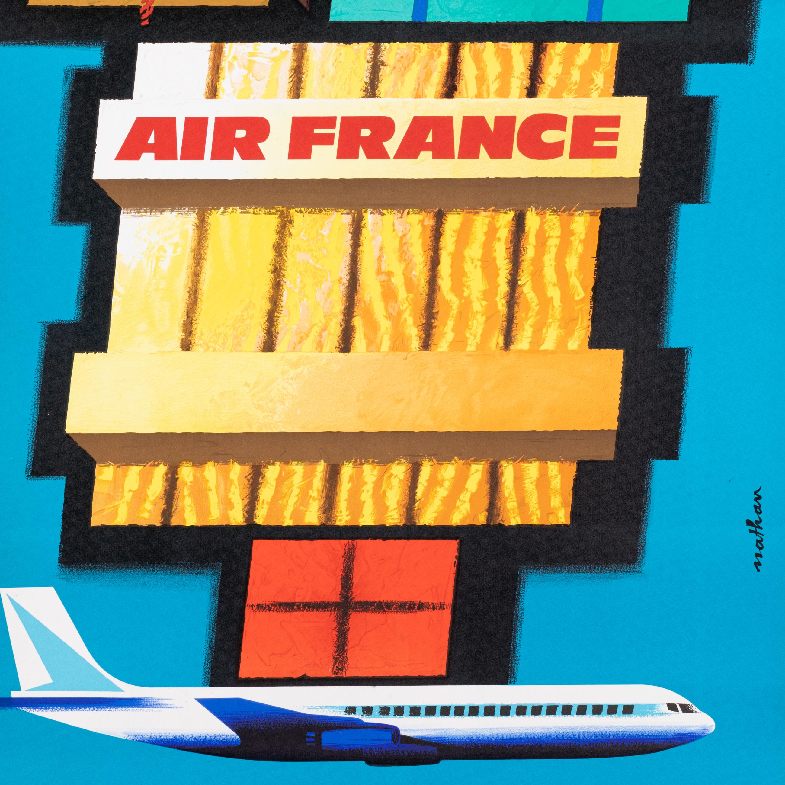 Original Vintage Poster für Air France von Nathan aus dem Jahr 1962.

Künstler: Nathan
Titel: Air France - Transporte tout, Partout
Datum: 1962
Größe (B x H): 24,6x 39.4 in / 62 x 100 cm
Drucker : Imp. S.A. Courbet_Paris
MATERIALIEN und TECHNIKEN: