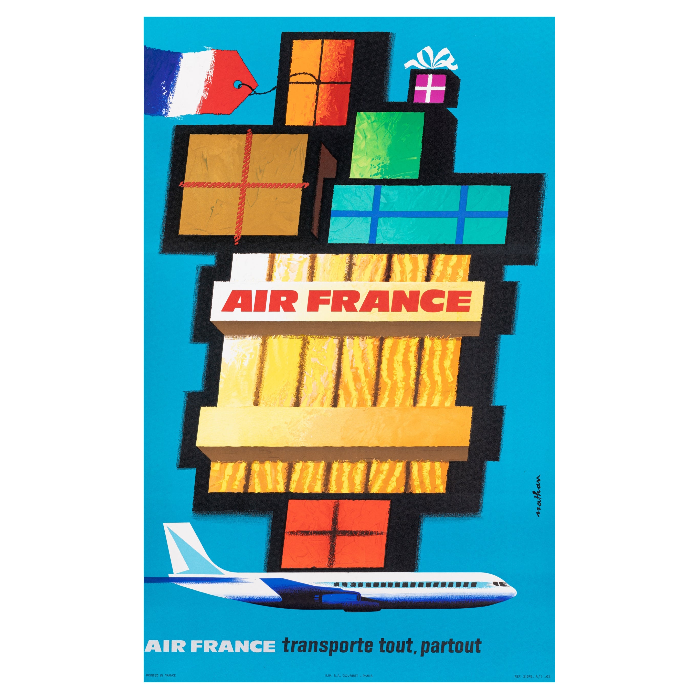 Nathan, Cartel original de Air France, Boeing 707, Aviación, Mediados del siglo, 1962