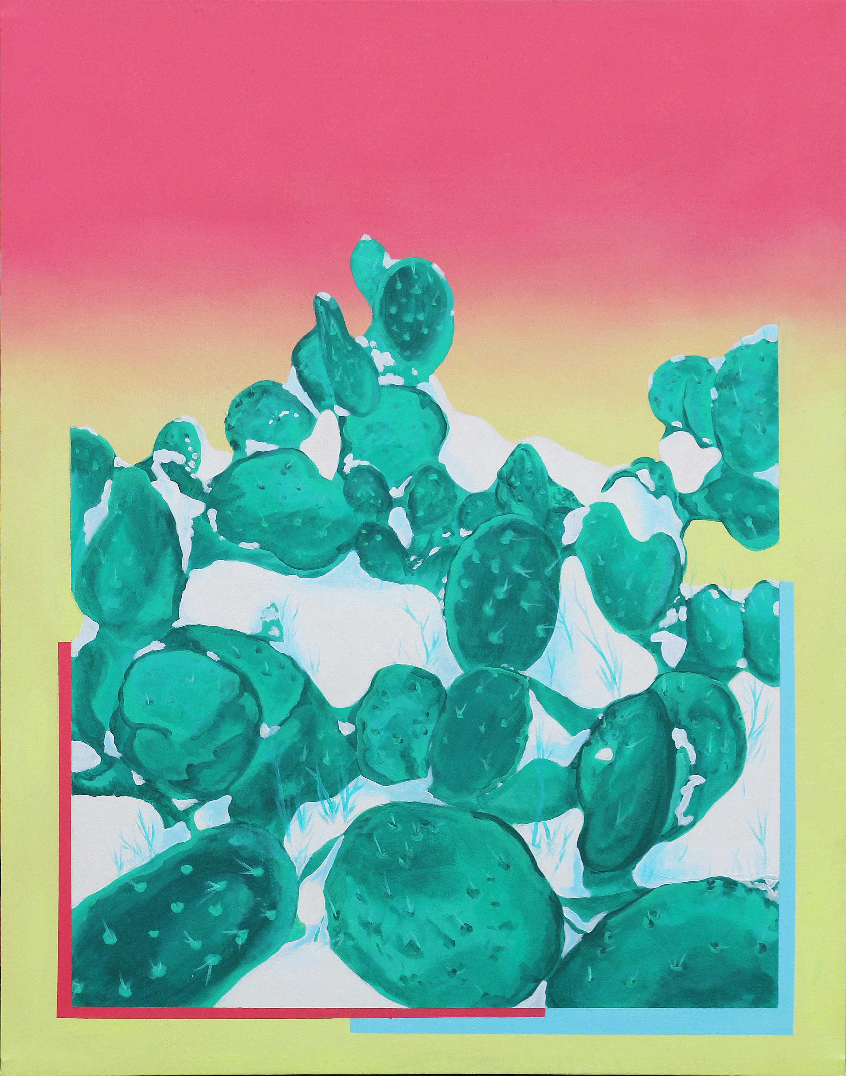 Nathan Sing Abstract Painting - "Covered Cacti" Pink and Neon Yellow Green Contemporary Cactus Painting