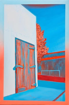 "Electric Door" Peinture paysage abstraite contemporaine rouge et bleue