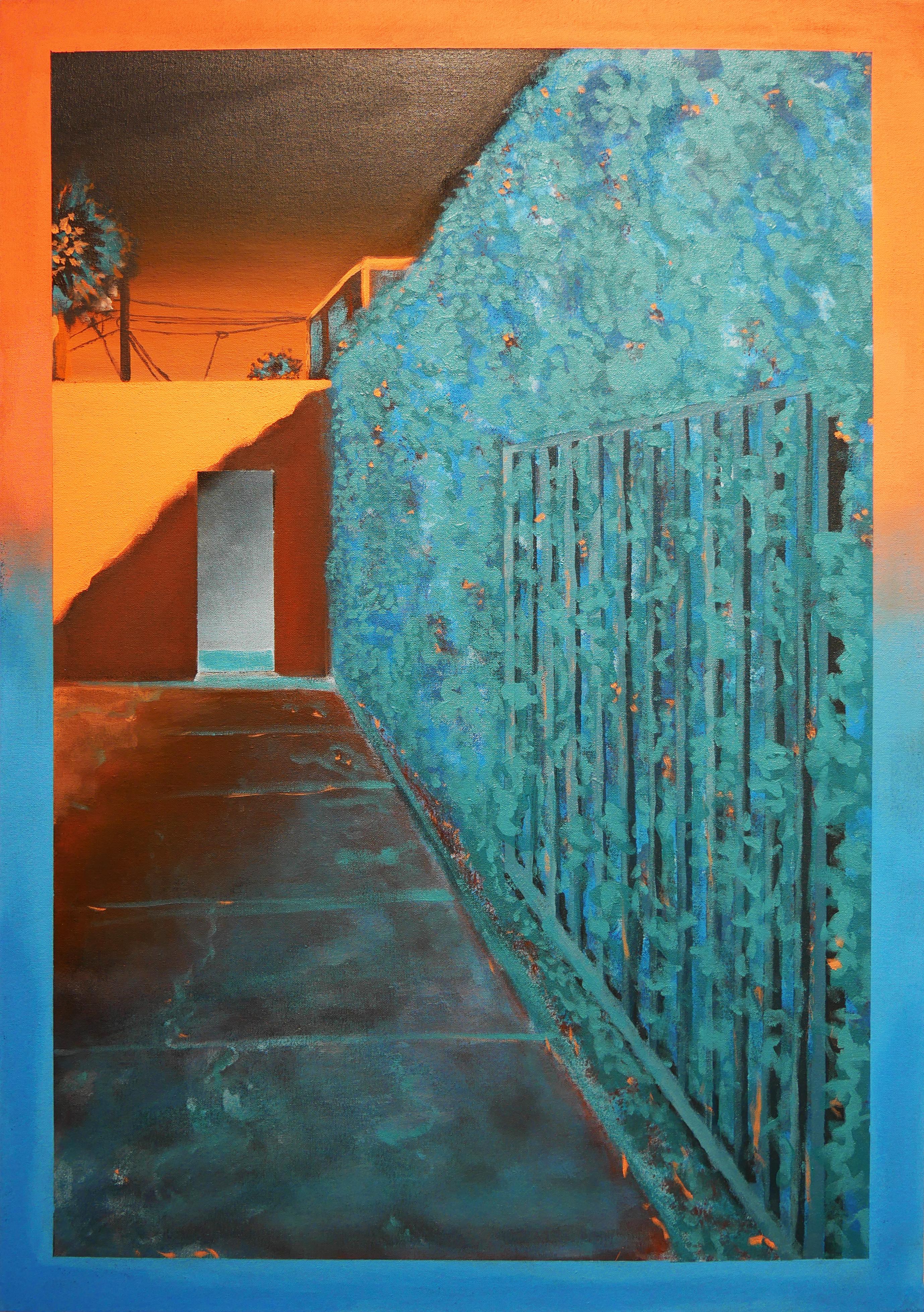 Nathan Sing Abstract Painting - "Lost in L.A." Orange and Blue Contemporary Abstract Landscape Painting