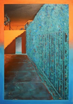 Los in L.A.“ Zeitgenössisches abstraktes Landschaftsgemälde in Blau und Blau