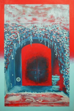 Peinture de paysage abstrait contemporaine rouge et bleue « Napa Underground »