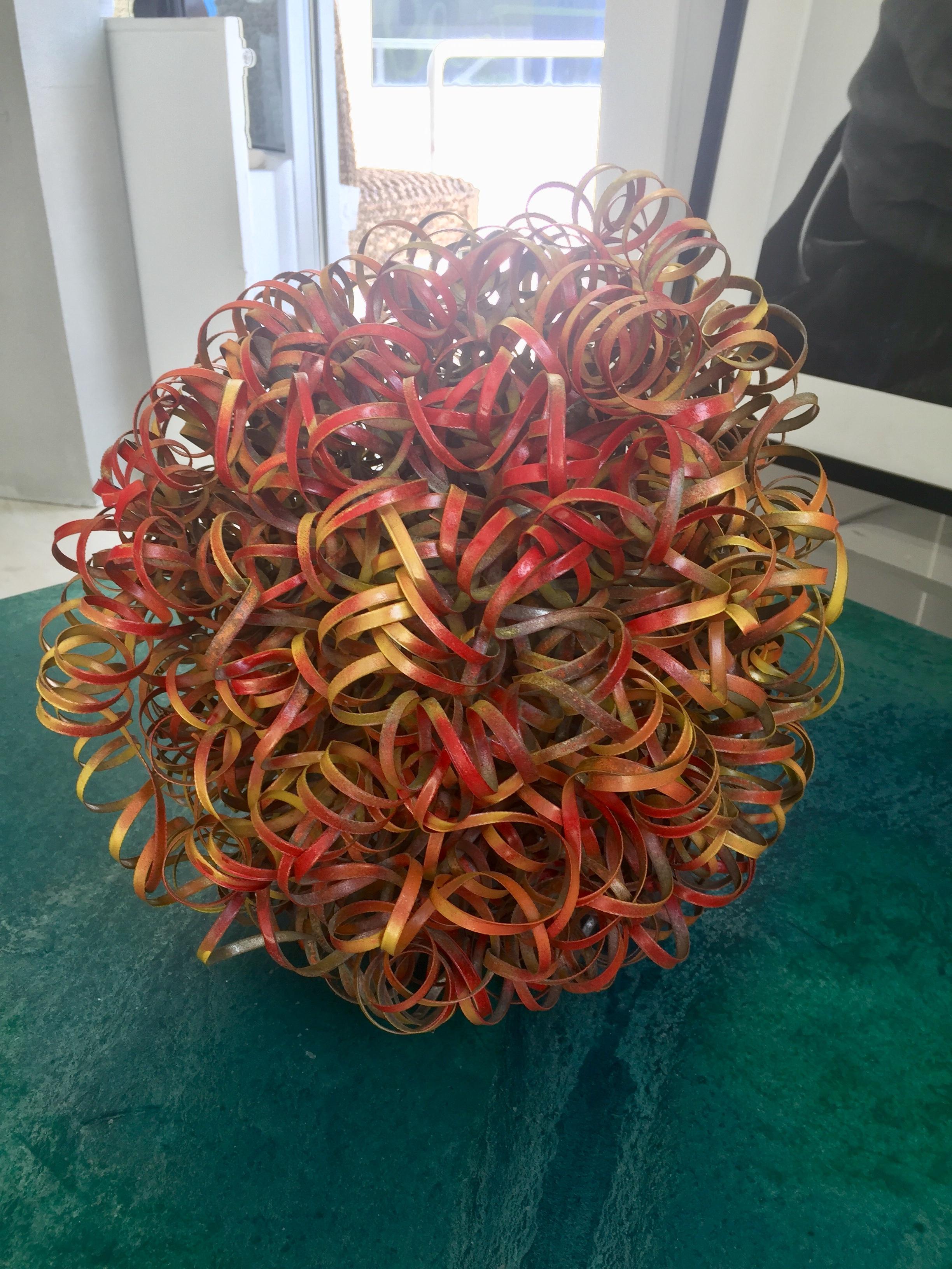 Copper Wire Spiral Ball Sculpture (Bright Red, Yellow, and Orange) For Sale 1