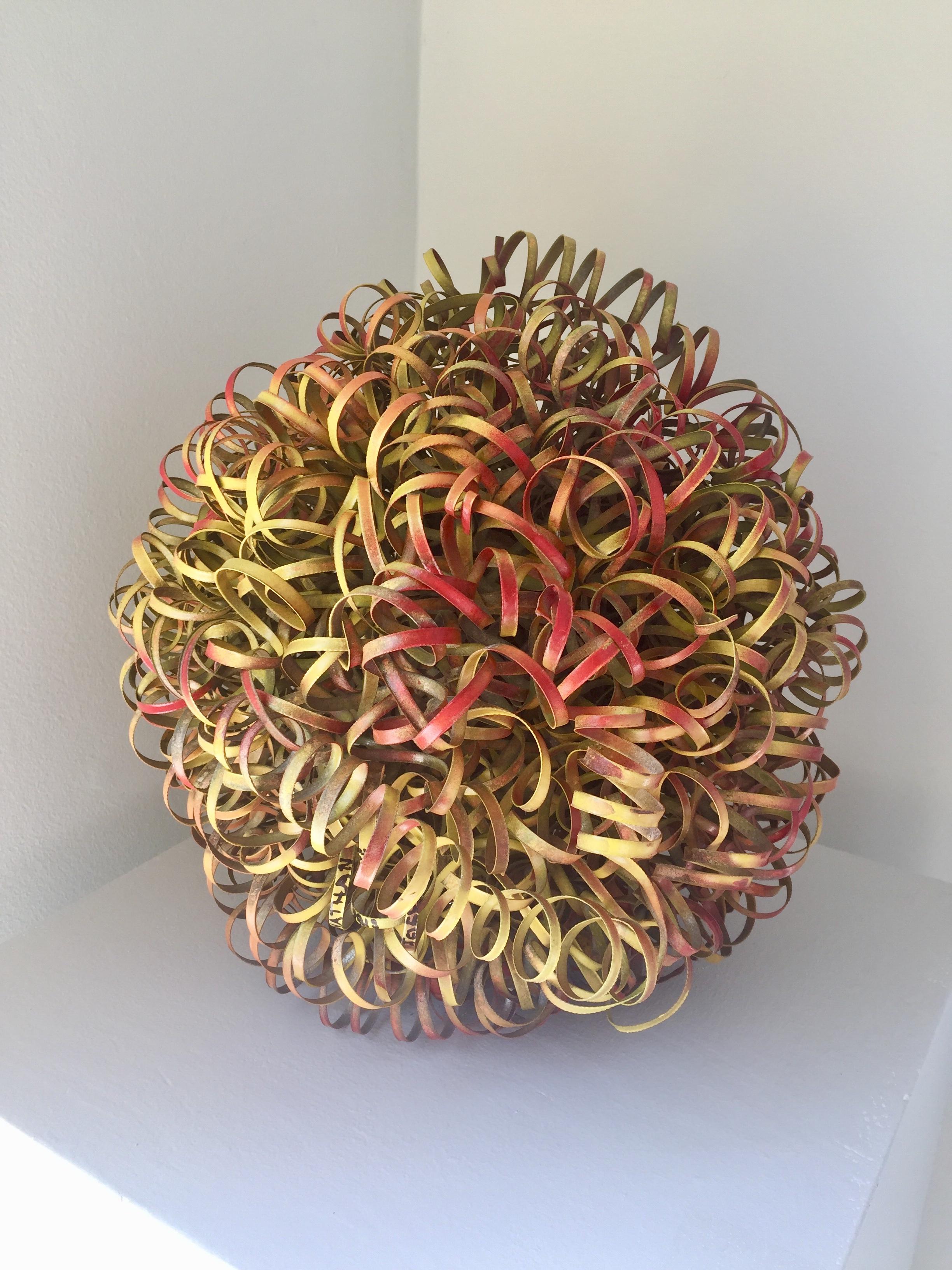 Nathan Slate Joseph Abstract Sculpture - Copper Wire Spiral Ball Sculpture (Bright Red, Yellow, and Orange)