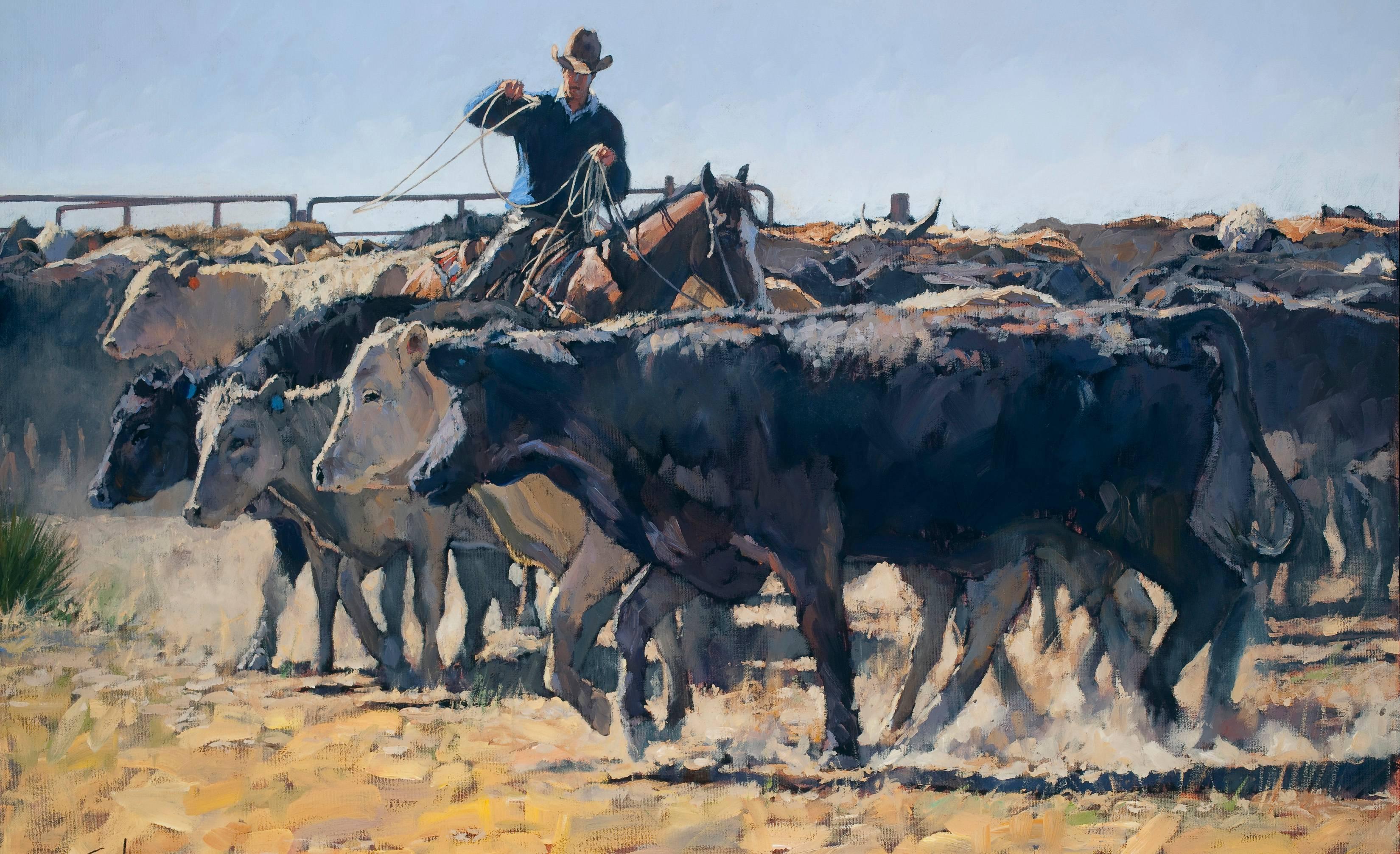Nathan Solano Animal Painting - Four in a Row (cattle, livestock, cowboy, wrangler)
