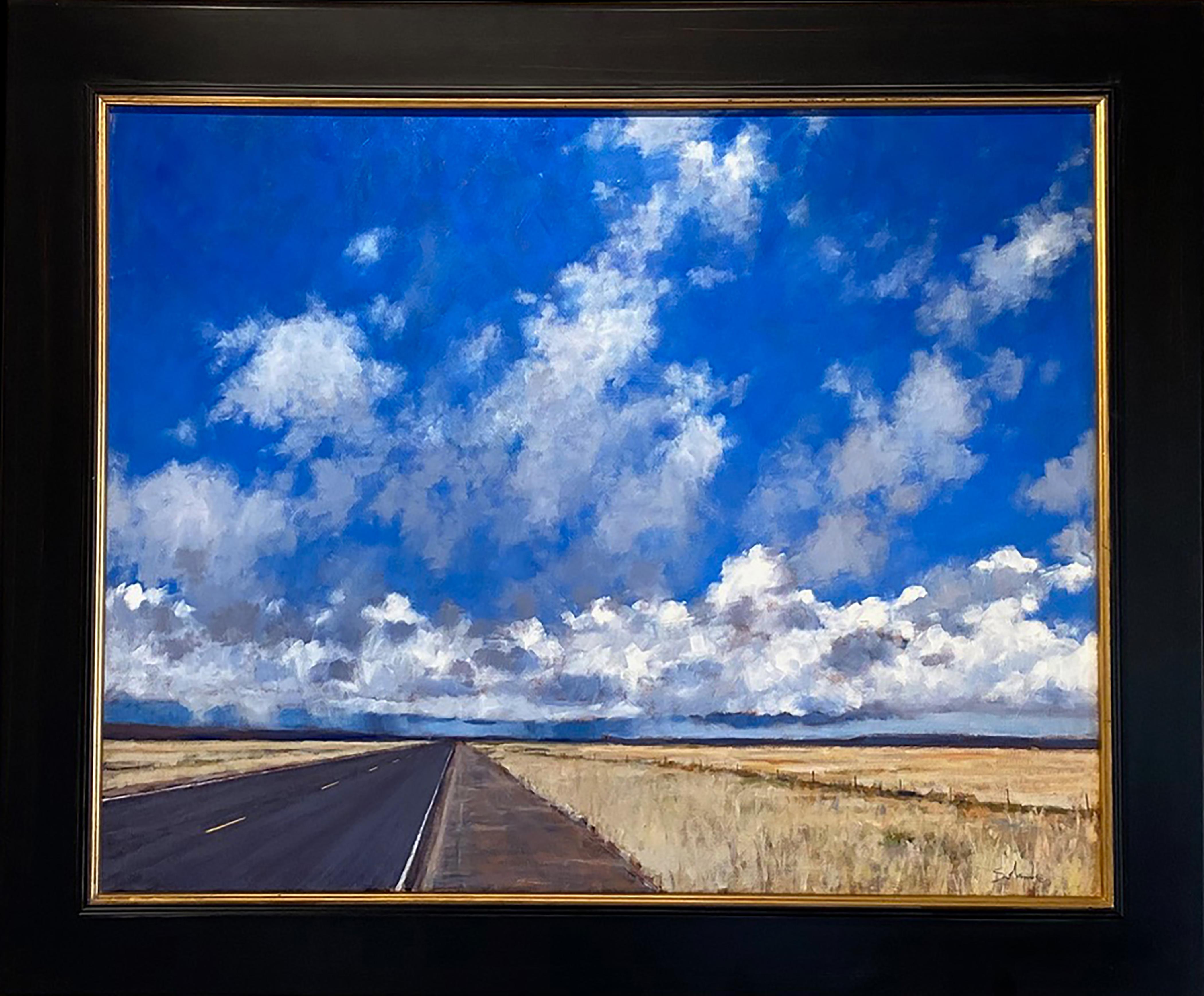 No More Speed, I'm Almost There! (Open road, adventure, moody sky, puffy clouds) - Painting by Nathan Solano