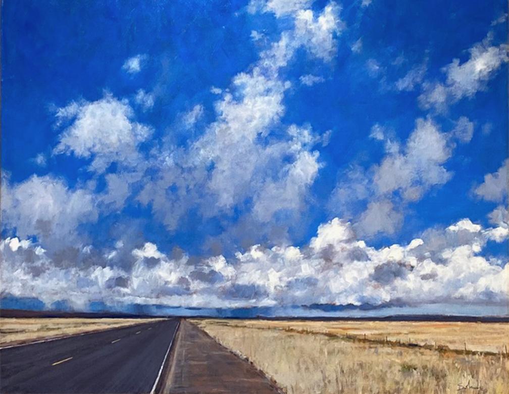 Nathan Solano Landscape Painting - No More Speed, I'm Almost There! (Open road, adventure, moody sky, puffy clouds)