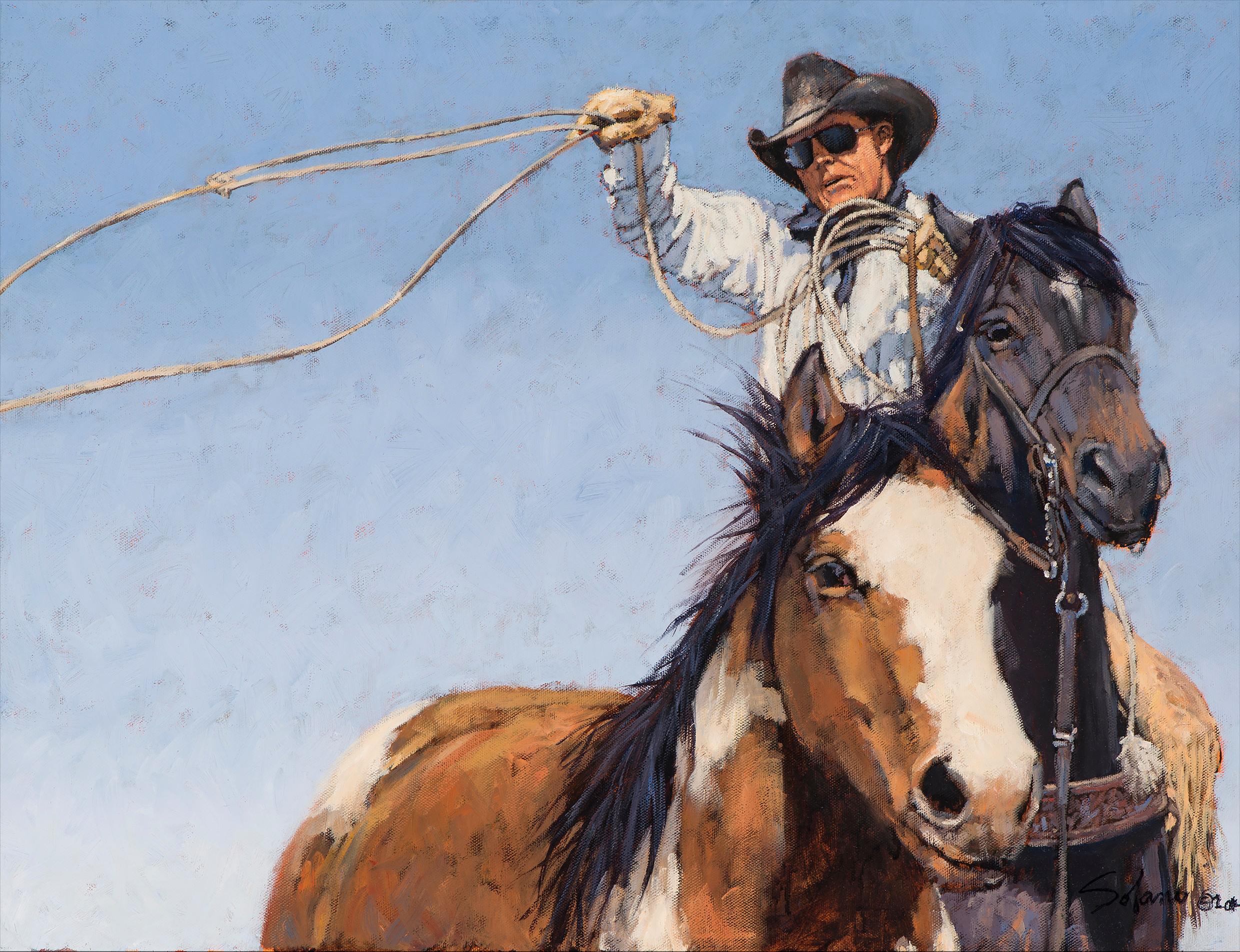 Nathan Solano Figurative Painting - Shades of a Cowboy (portrait, cowboy, horses, blue sky)