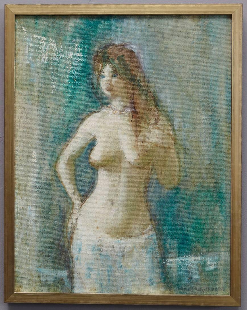 Nathan Wasserberger (Polish/American 1928-2012), Nude, young woman with wrap around her waist, oil on board, signed at the lower right, circa 1960's, in a black or giltwood frame.
Measurements: with frame H 19 x W 15 x D 1.5, sight H 17.5 x W 13.5