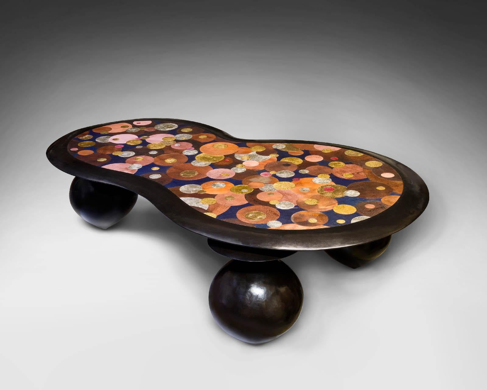 French Nathanaël Le Berre 2019, Unique Hammerd Copper Table Al'inbïq