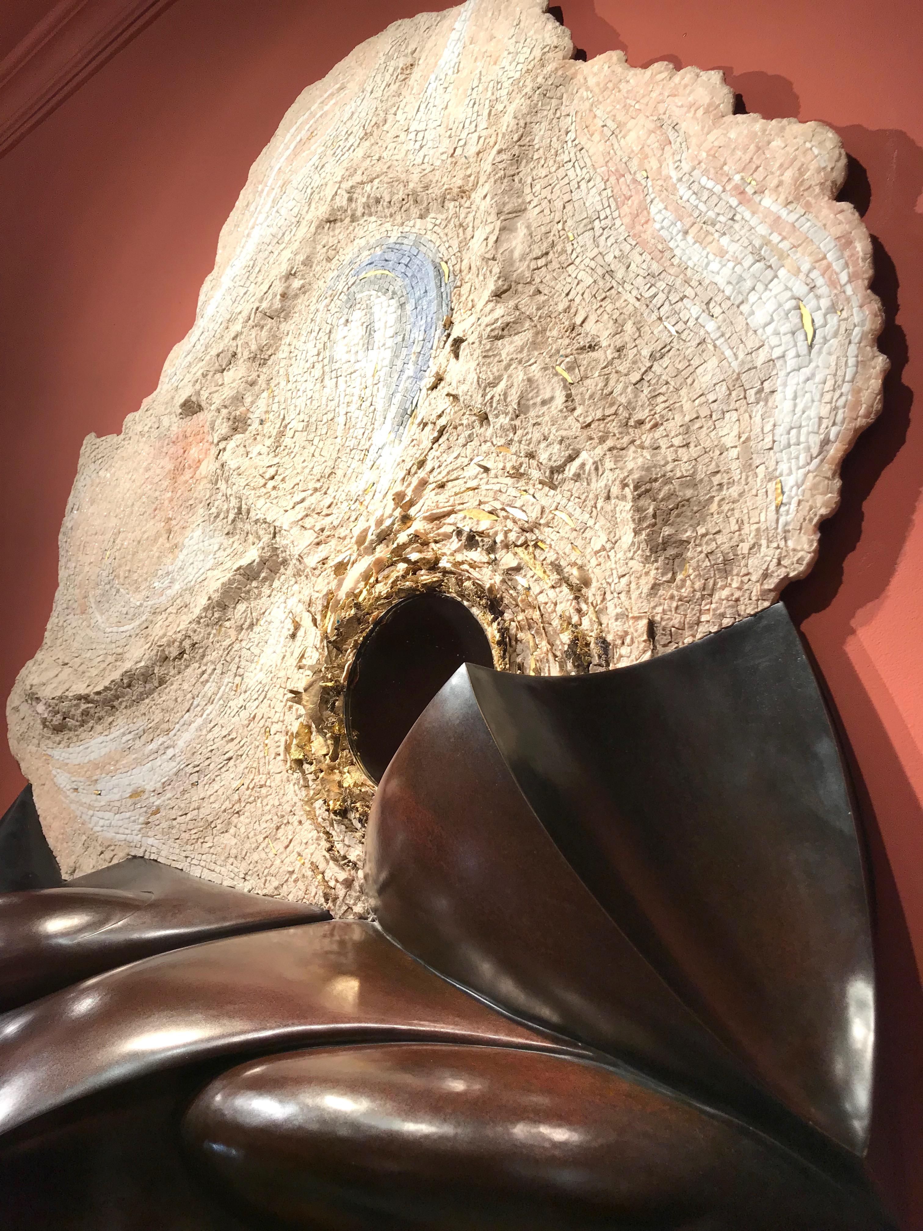 French Nathanaël Leberre, Large Unique Mirror Genesis, Hammered Copper, Marble For Sale