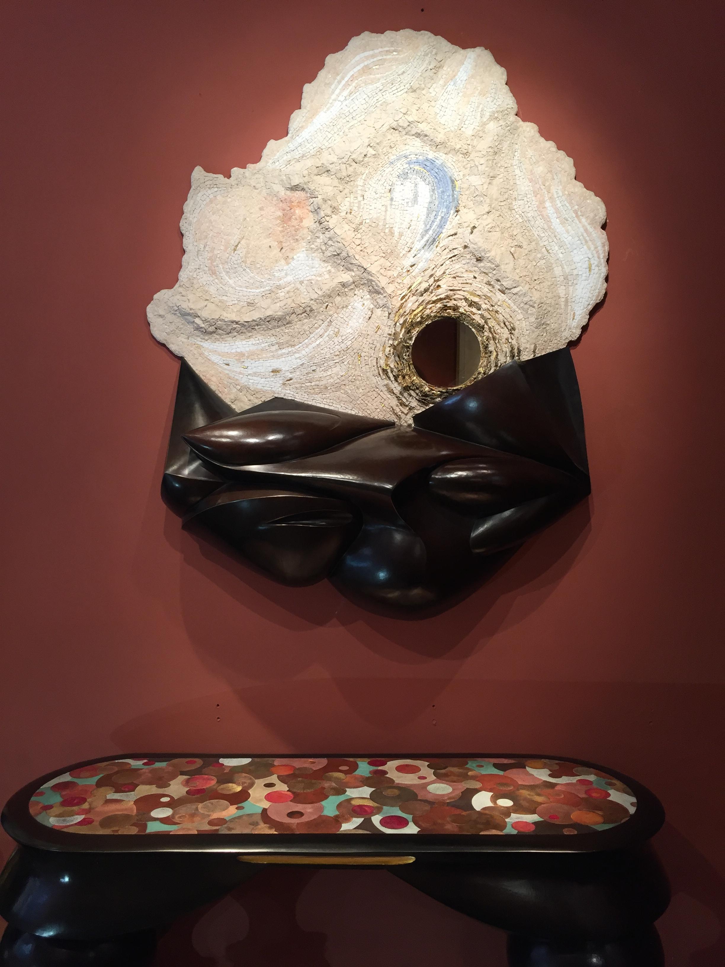 Nathanaël Leberre, Large Unique Mirror Genesis, Hammered Copper, Marble For Sale 2