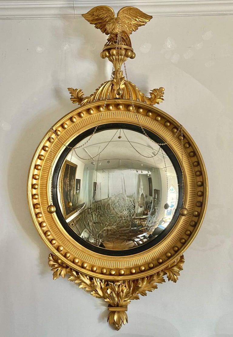 Carved Nathaniel Bowditch American Federal Giltwood Convex Mirror of Monumental Size For Sale