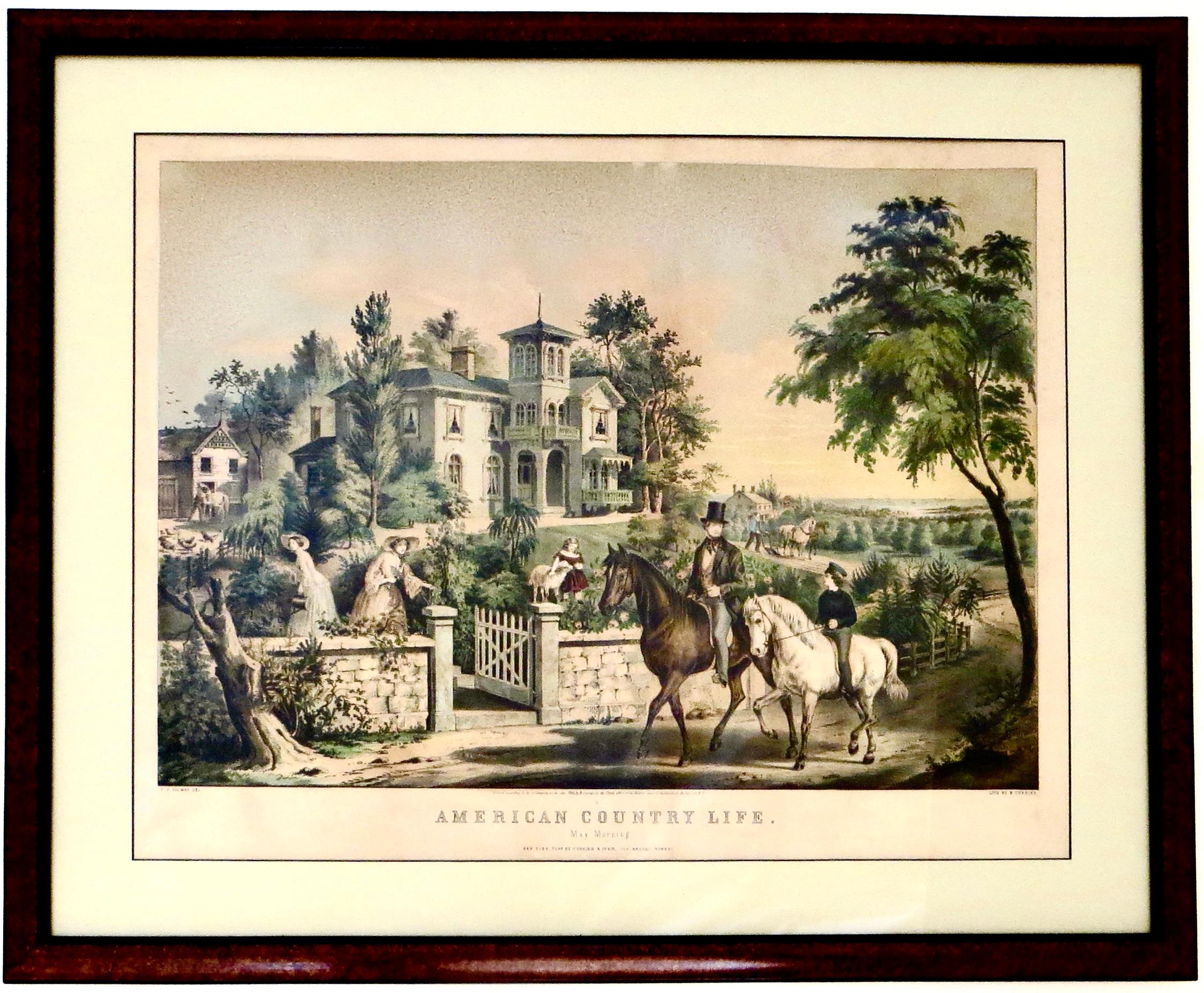 This lithograph portrays a pleasant scene of a man in a top hat atop a handsome dark horse, with a boy riding a white horse (presumably father and son) in front of a country estate, while women gather as they water flowers, and children play with a