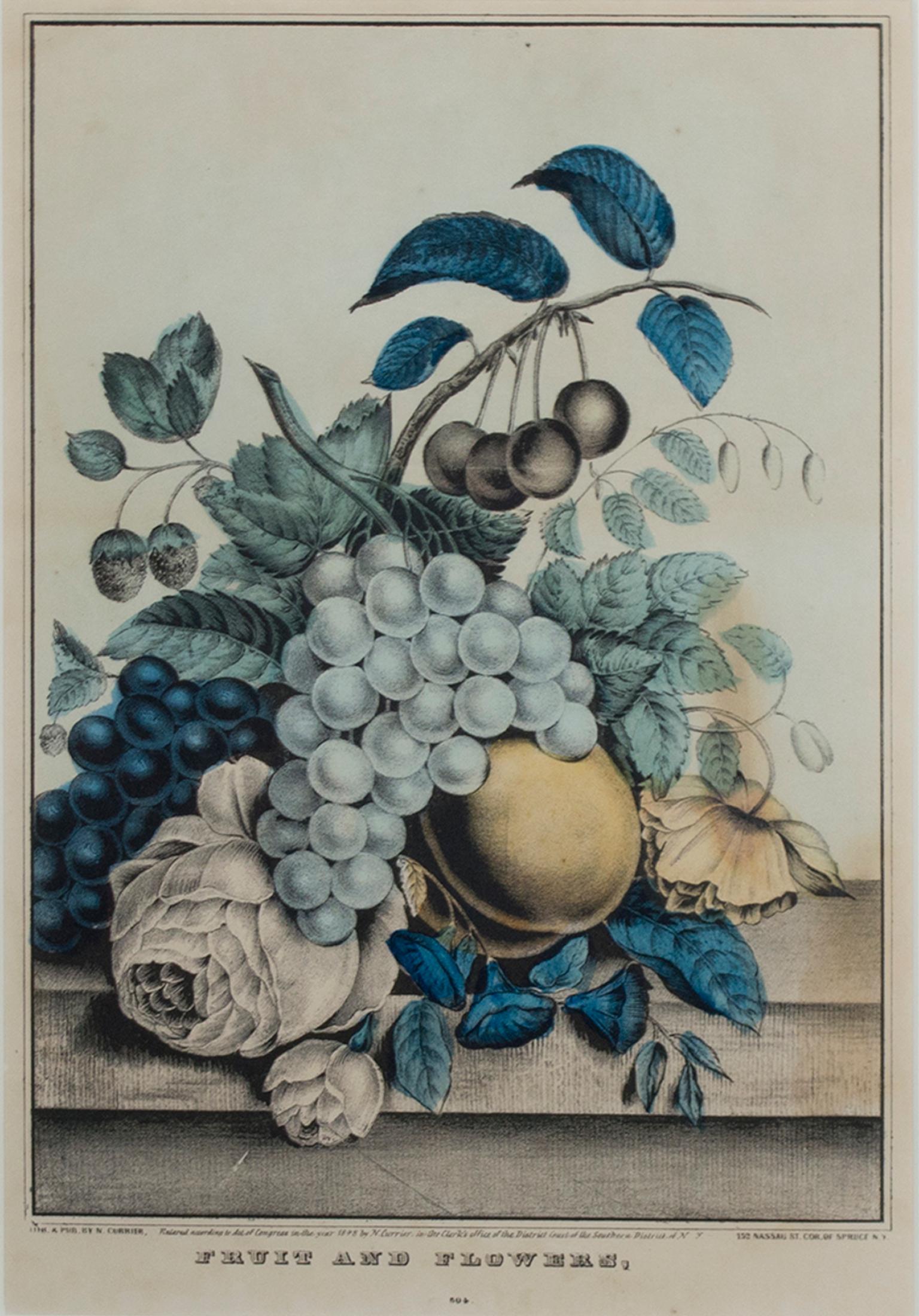 Nathaniel Currier Still-Life Print - 19th century color lithograph still life fruit flowers signed