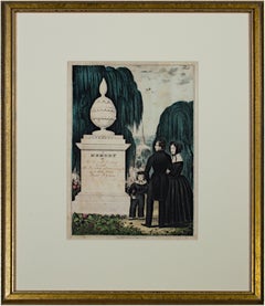 19th century color lithograph figures cemetery willow tree memorial headstone