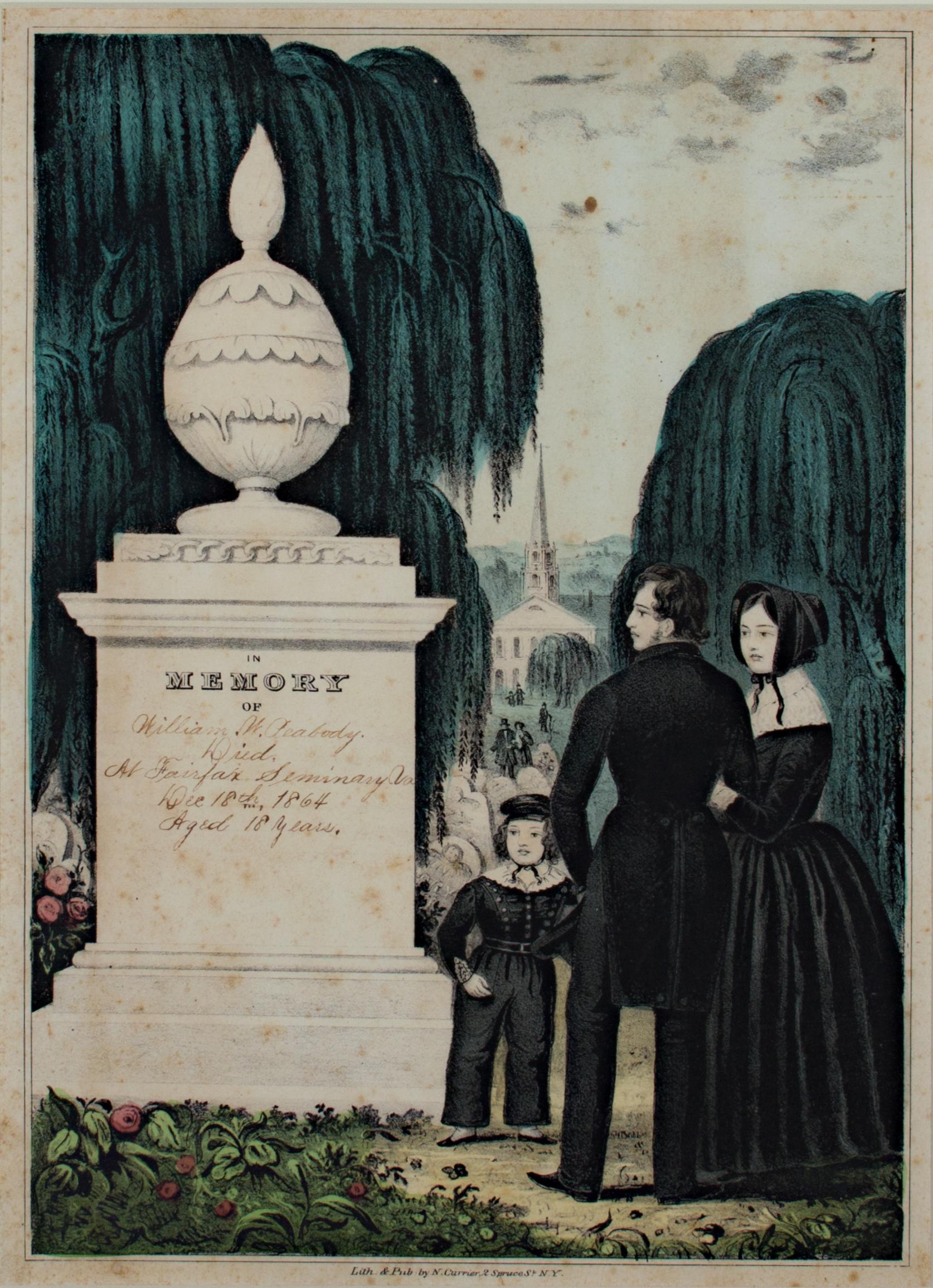 Nathaniel Currier Figurative Print - 19th century color lithograph figures cemetery willow tree memorial headstone