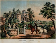 19th century color lithograph landscape figures horseback house scene trees sky