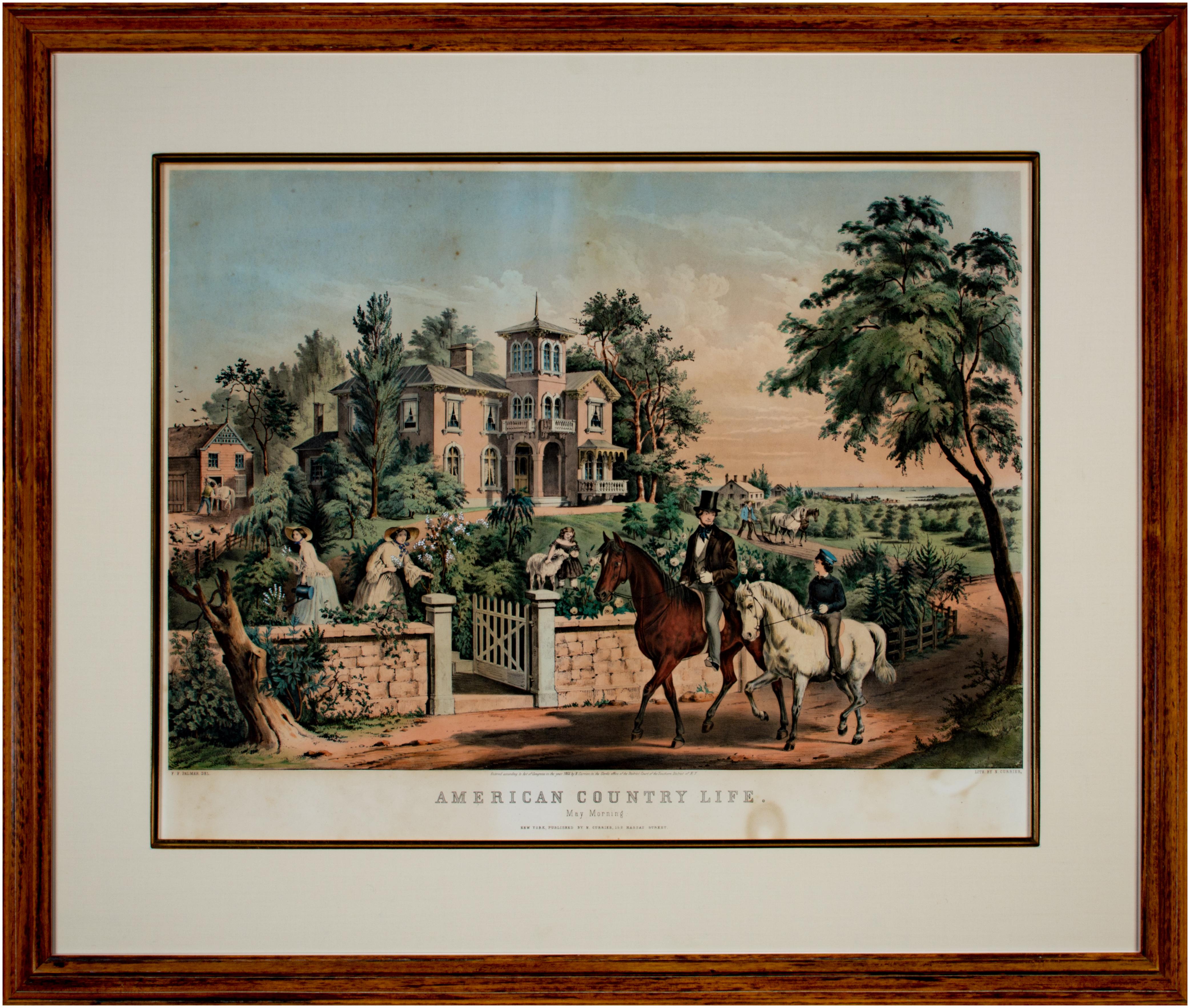 Nathaniel Currier Figurative Print - 19th century color lithograph landscape figures horseback house scene trees sky