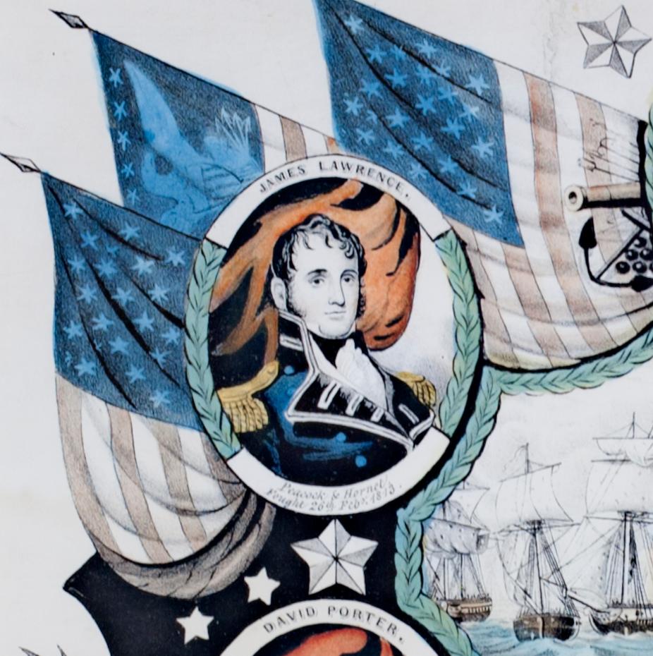 19th century color lithograph portraits ship seascape patriotic flags military For Sale 1