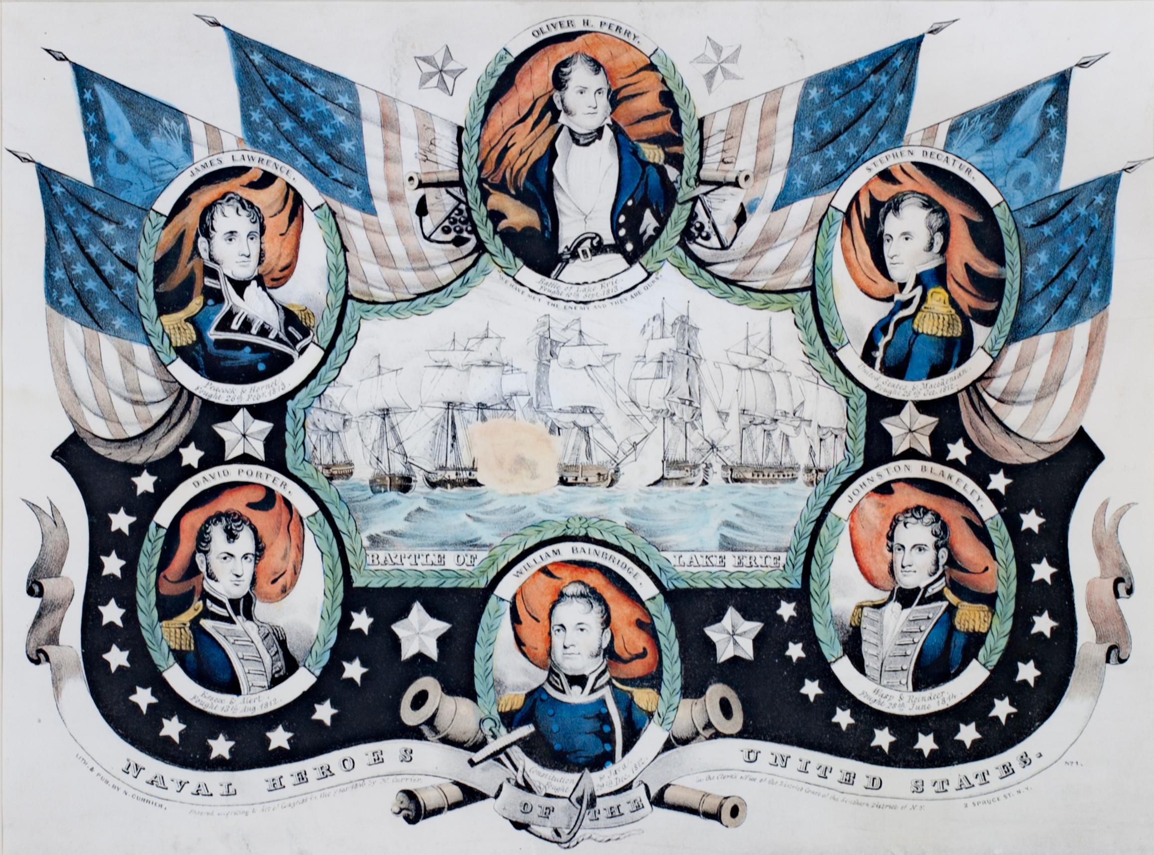 Landscape Print de Nathaniel Currier - siglo xix litografía en color retratos barco paisaje marino banderas patrióticas militares