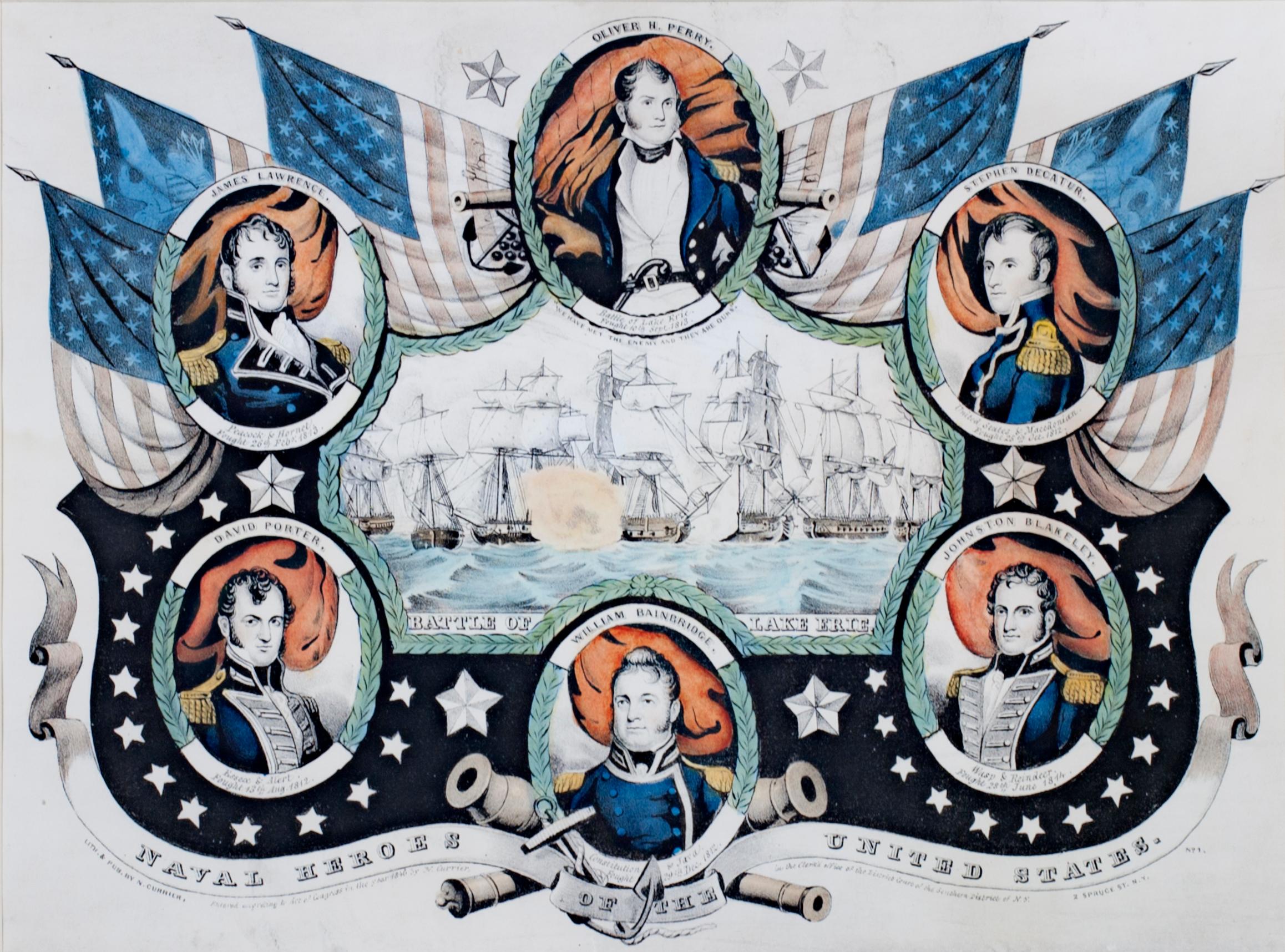 La présente lithographie coloriée à la main est un excellent exemple de l'imagerie patriotique américaine du milieu du XIXe siècle. L'estampe montre la bataille et plusieurs des principaux personnages impliqués dans la bataille du lac Érié : Au