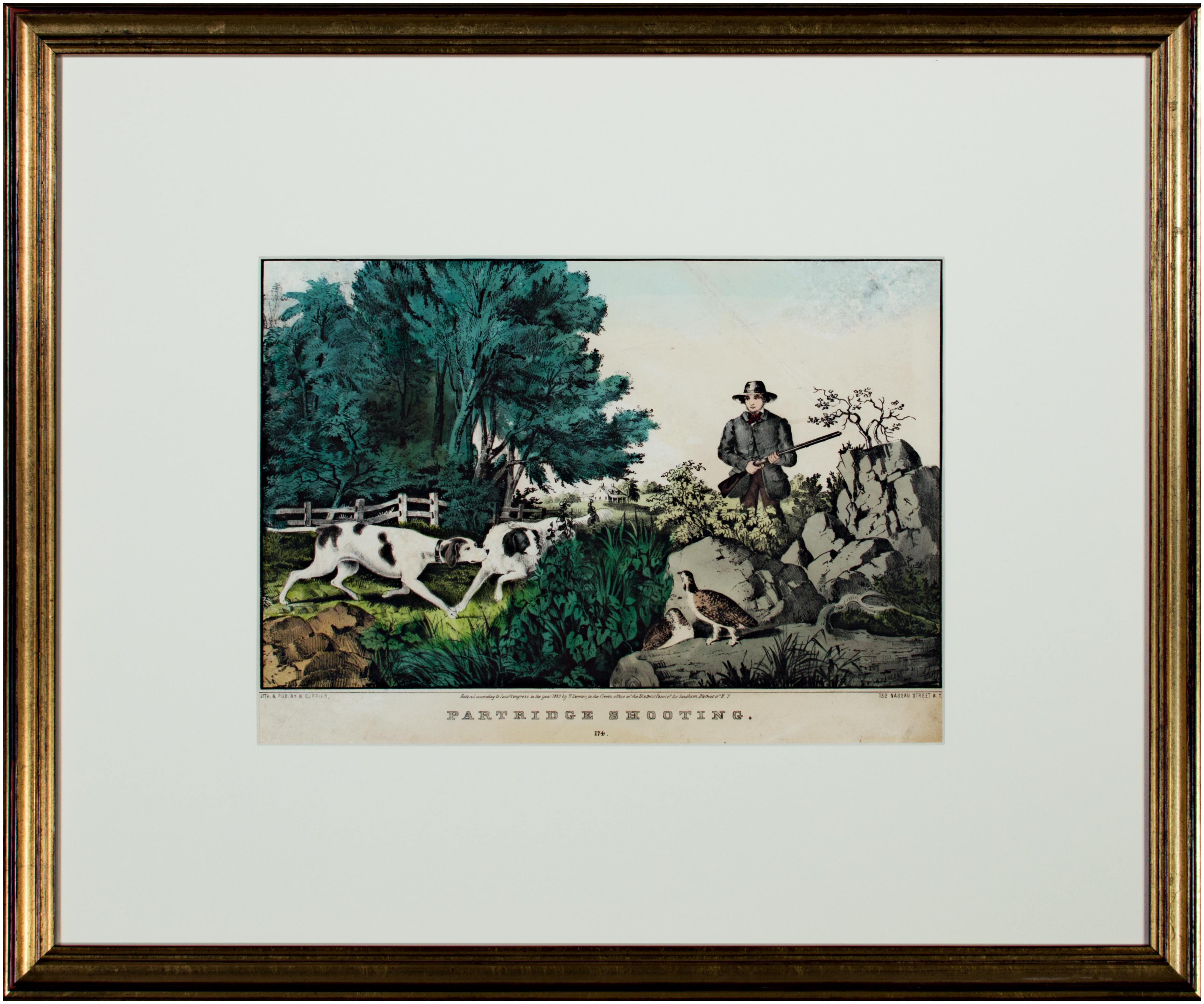 19th century color lithograph watercolor landscape figurative animal print - Print by Nathaniel Currier