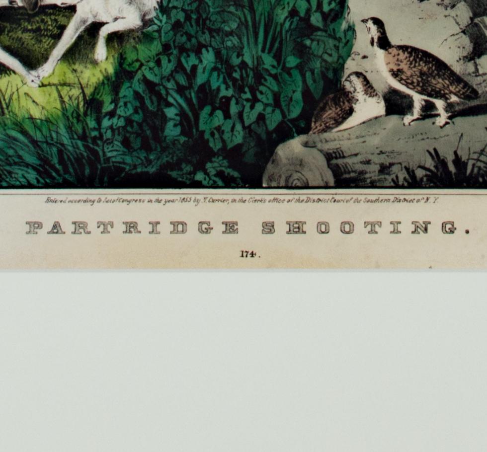 The present hand-colored lithograph presents the viewer with a hunting scene in a picturesque landscape. In the foreground, a man approaches two partridges as his two pointers prepare to flush them out. Beyond, a white fence draws our eyes to the