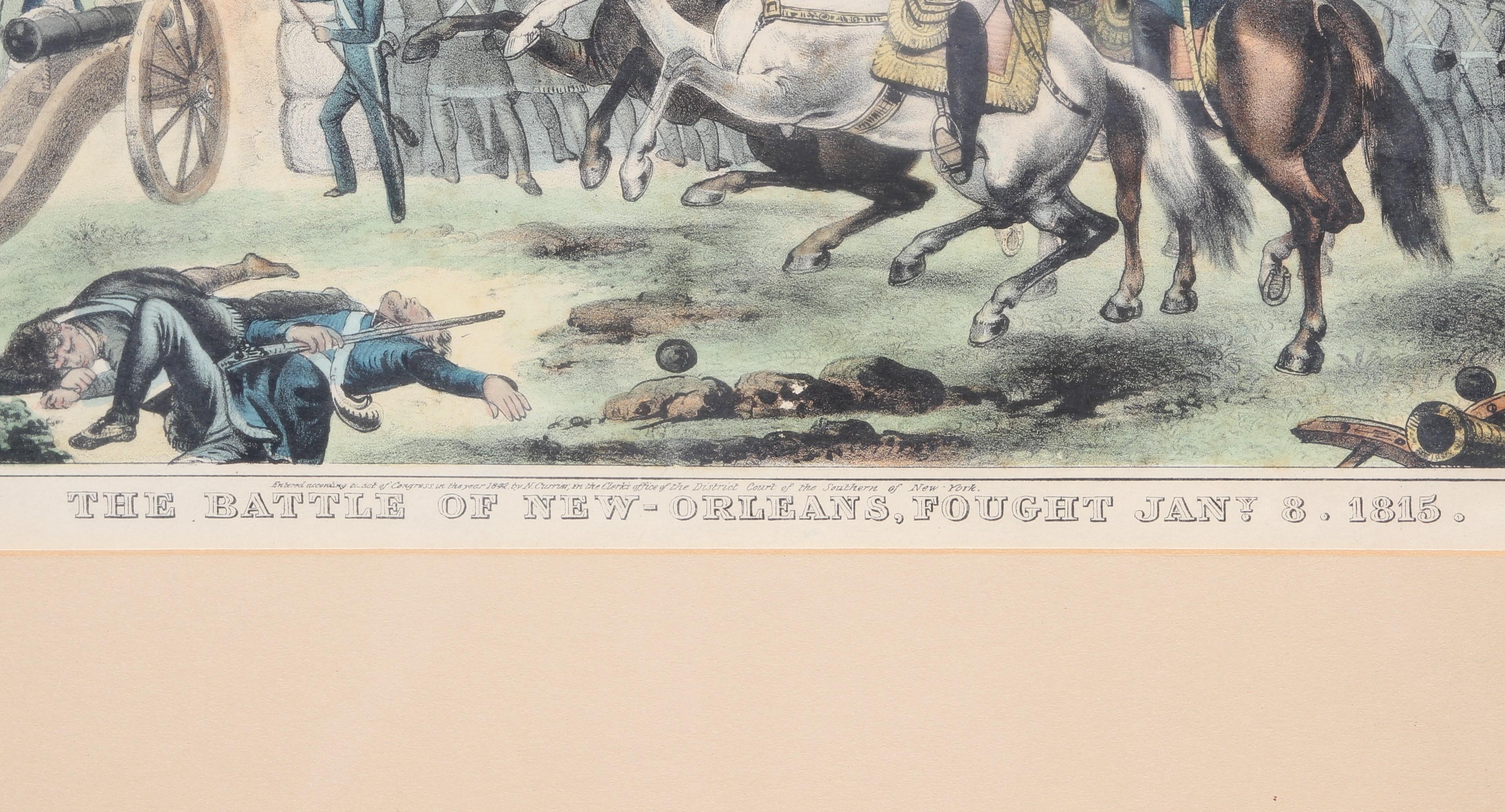 This hand colored lithograph by Nathaniel Currier depicts an officer, likely Andrew Jackson, on a white horse in the center of a chaotic battlefield at the Battle of New Orleans. Among the dead and fighting soldiers in the background and foreground,
