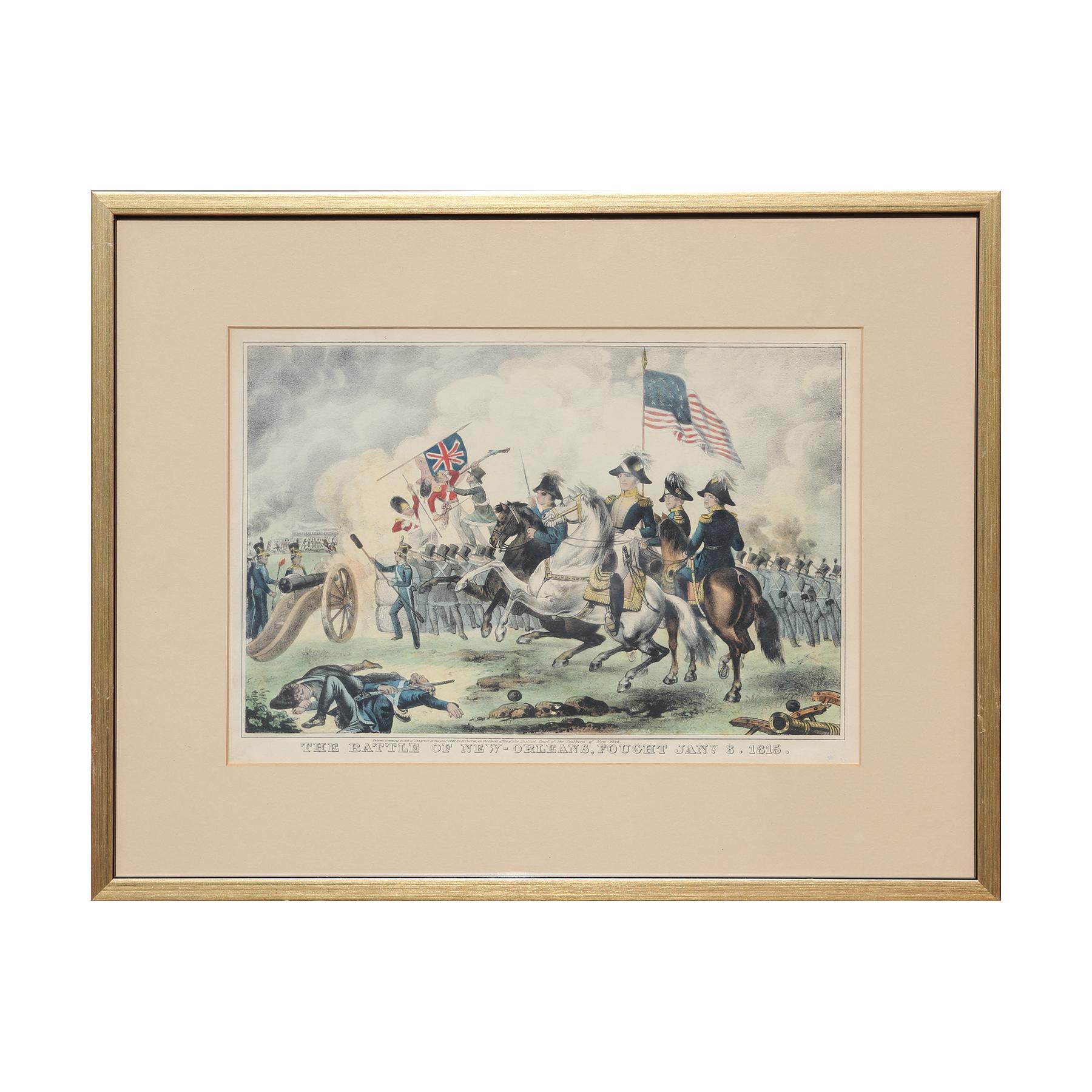 Nathaniel Currier Figurative Print - "The Battle of New Orleans 1815" Hand Colored Historical Battle Lithograph