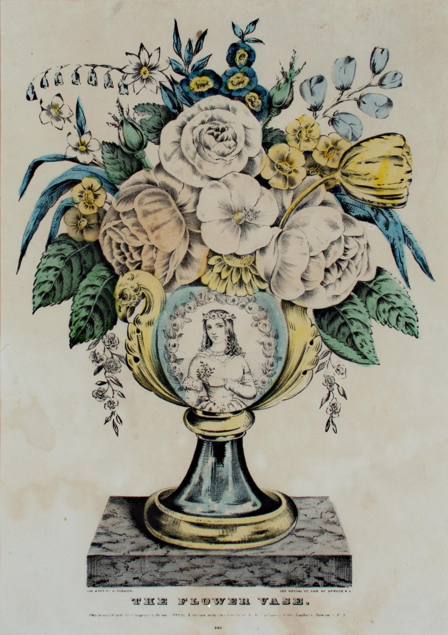 19th century color lithograph still life vase flowers  - Print by Nathaniel Currier