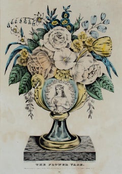 19th century color lithograph still life vase flowers