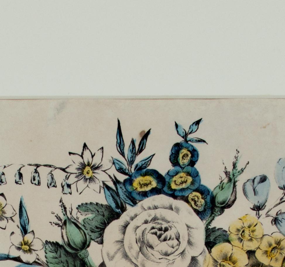 The present hand-colored lithograph is one of several decorative images of flower-filled vases published by Nathaniel Currier. This example contains roses, tulips, forget-me-nots, and others all within a vase with gold eagle head handles and an