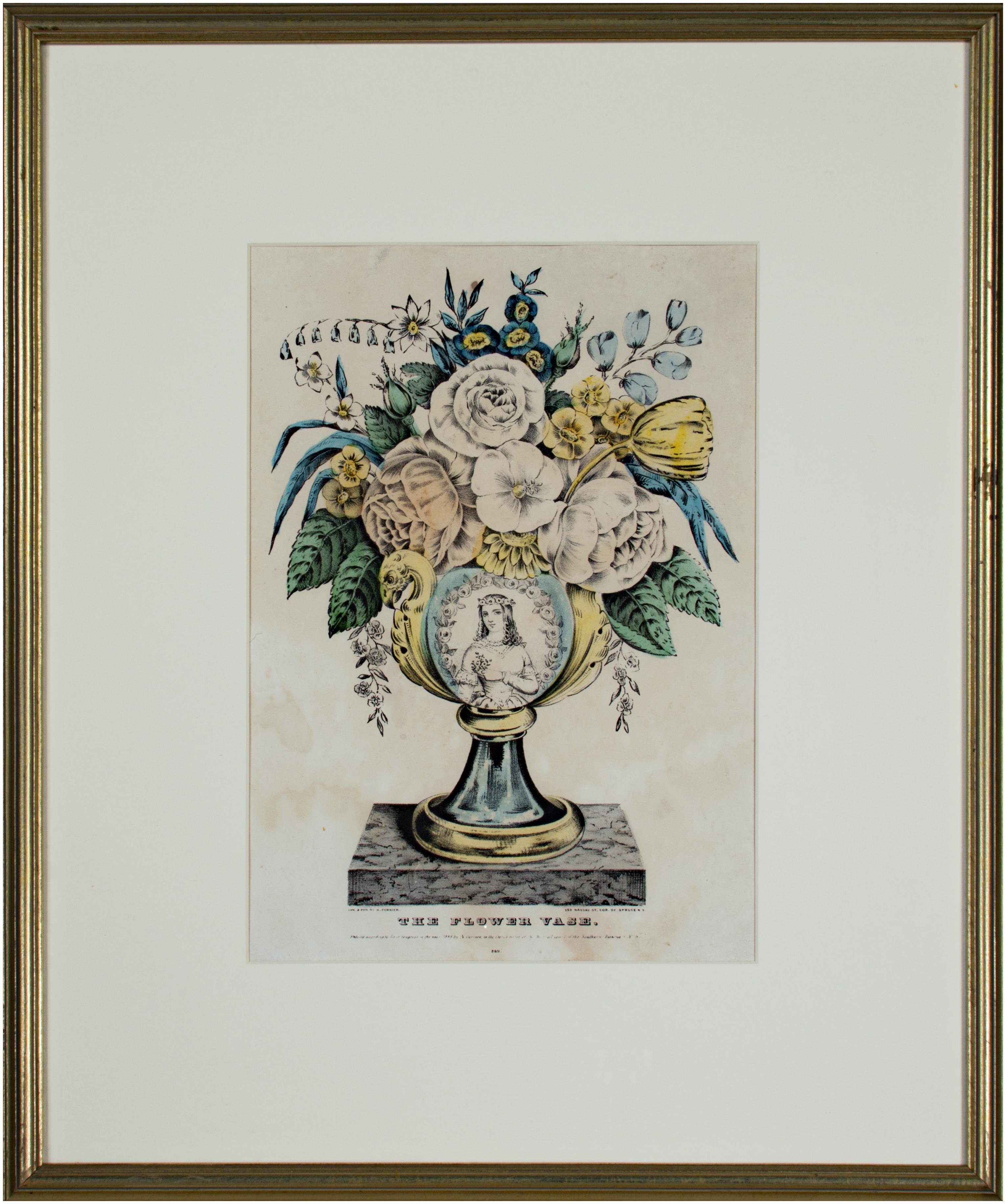 La présente lithographie coloriée à la main est l'une des nombreuses images décoratives de vases remplis de fleurs publiées par Nathaniel Currier. Cet exemple contient des roses, des tulipes, des myosotis et autres, le tout dans un vase avec des