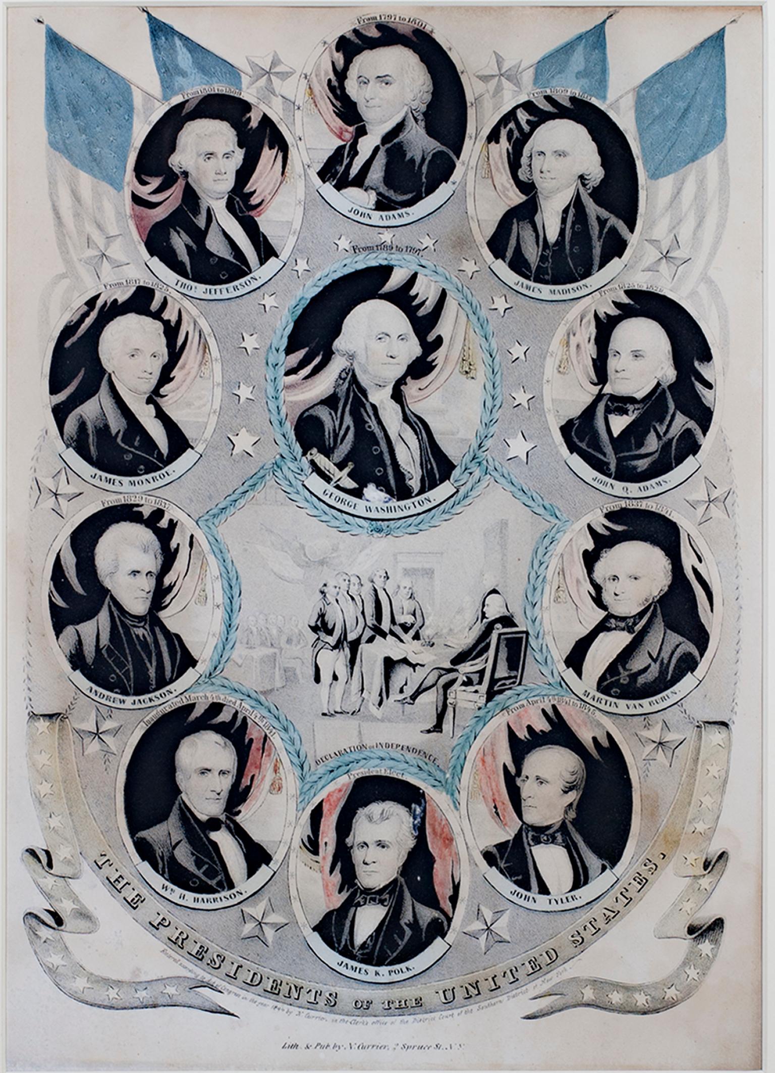 Siglo XIX litografía en color retratos patrióticos estrellas banderas americanas