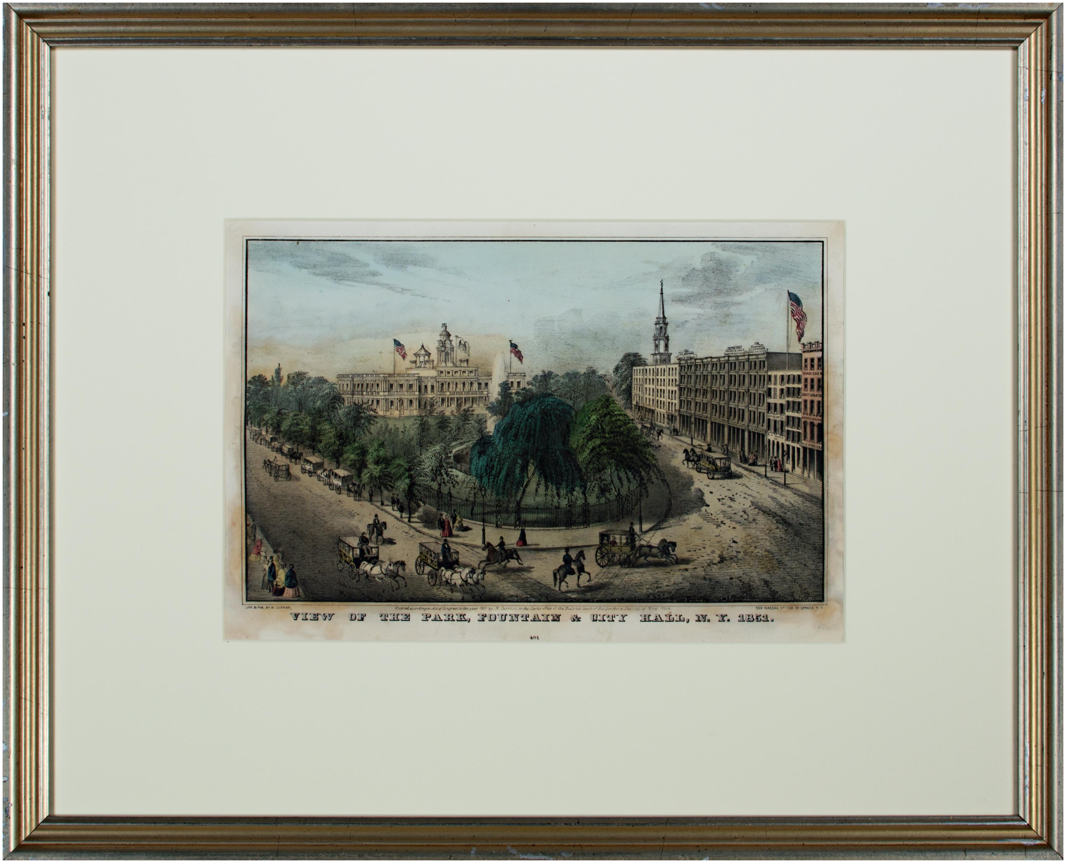 View of the Park, Fountain & City Hall, N.Y. 1851 hand-colored lithograph - Print by Nathaniel Currier