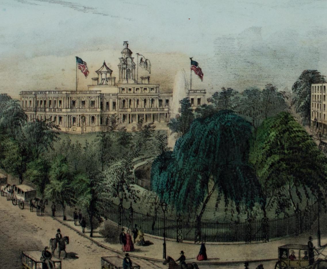 View of the Park, Fountain & City Hall, N.Y. 1851 hand-colored lithograph - Gray Landscape Print by Nathaniel Currier