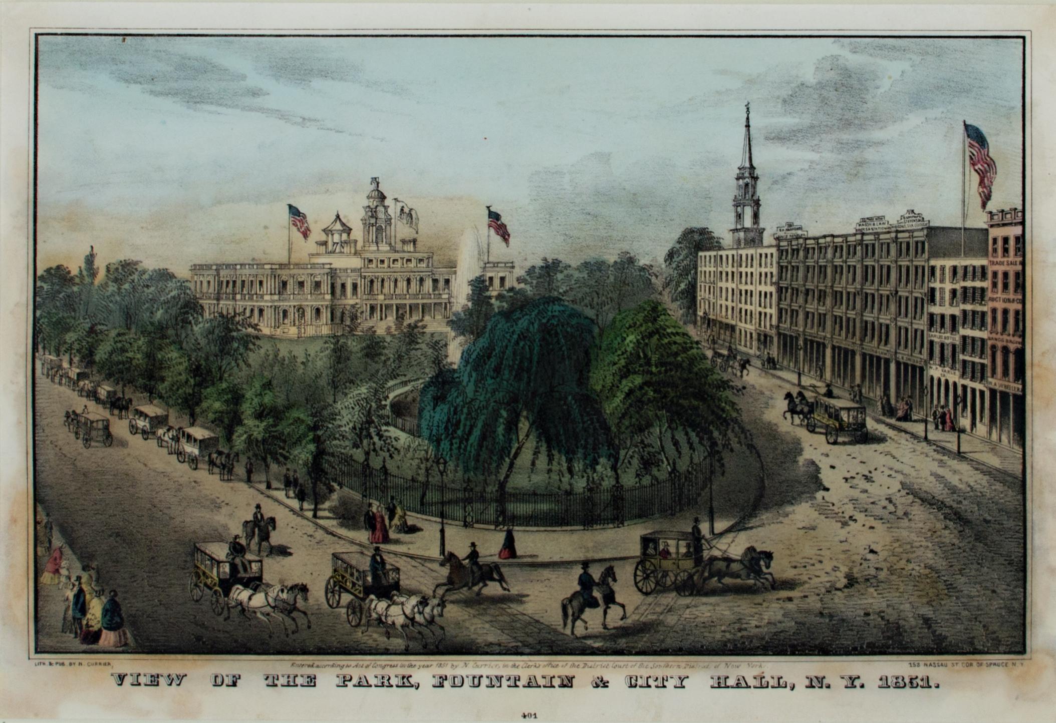 Nathaniel Currier Landscape Print - View of the Park, Fountain & City Hall, N.Y. 1851 hand-colored lithograph