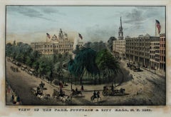 Blick auf den Park:: den Brunnen und das Rathaus:: NY 1851 handkolorierte Lithographie