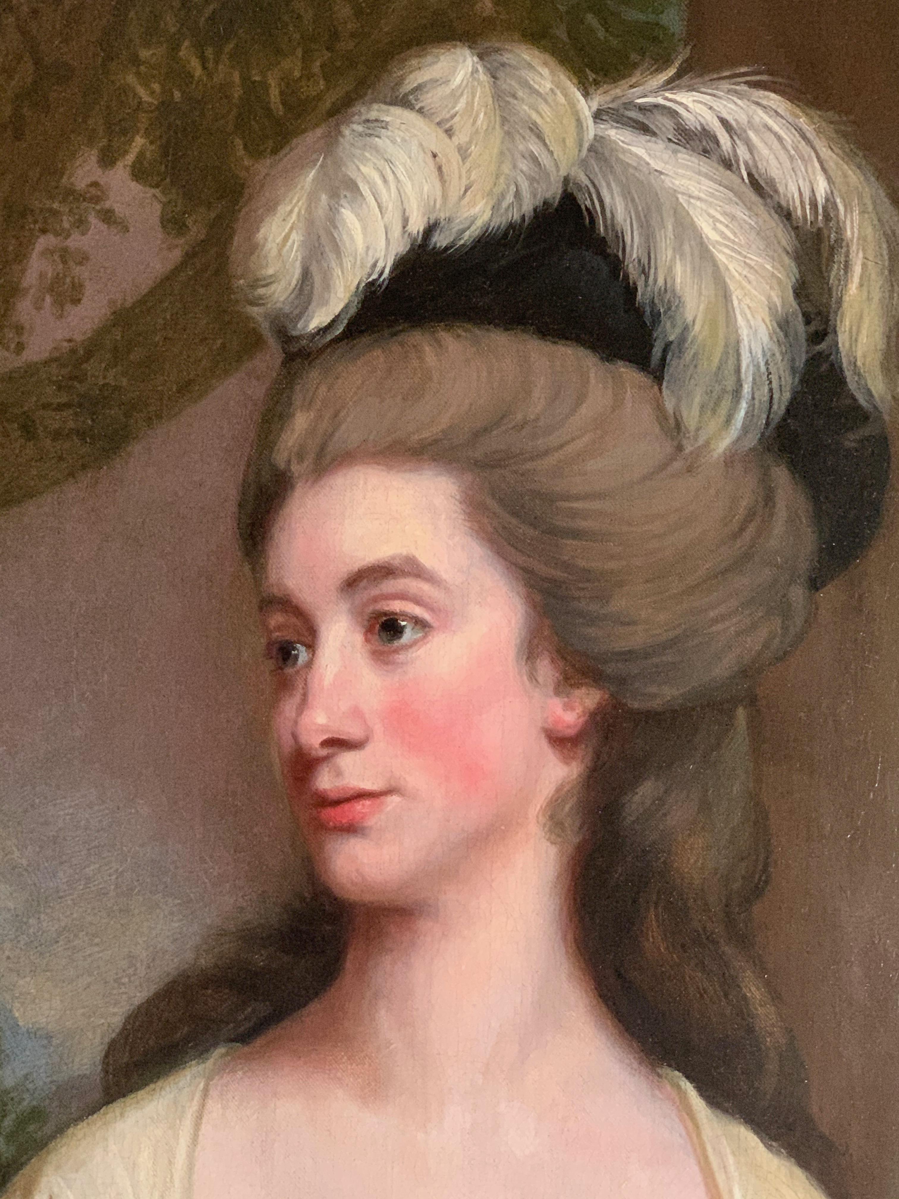 18TH CENTURY PORTRAIT LADY IN A WHITE DRESS WITH A BLUE SASH AND FEATHERED HAT 3