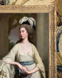 18TH CENTURY PORTRAIT LADY IN A WHITE DRESS WITH A BLUE SASH AND FEATHERED HAT