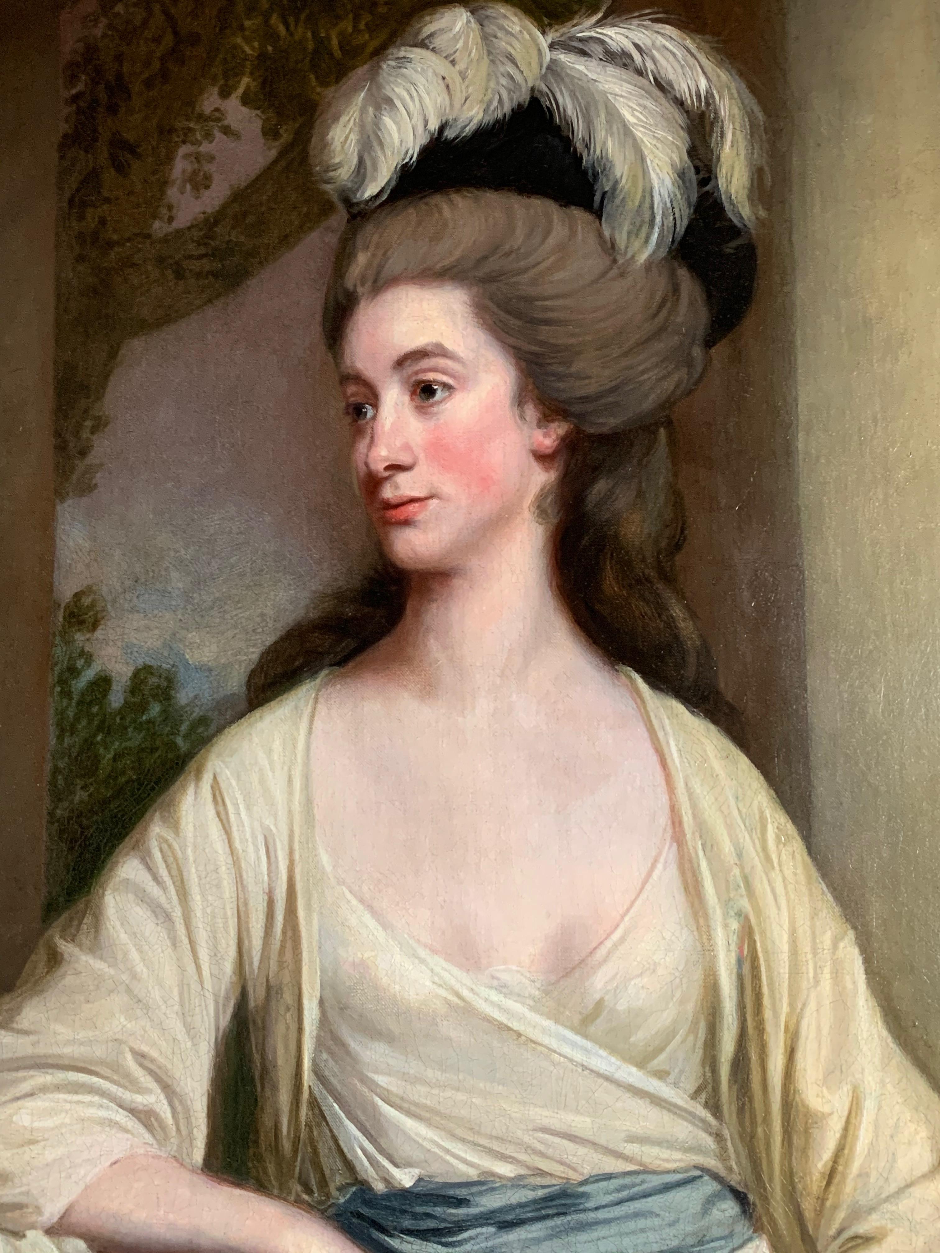 18TH CENTURY PORTRAIT LADY IN A WHITE DRESS WITH A BLUE SASH AND FEATHERED HAT im Angebot 3