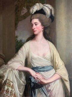 18TH CENTURY PORTRAIT LADY IN A WHITE DRESS WITH A BLUE SASH AND FEATHERED HAT