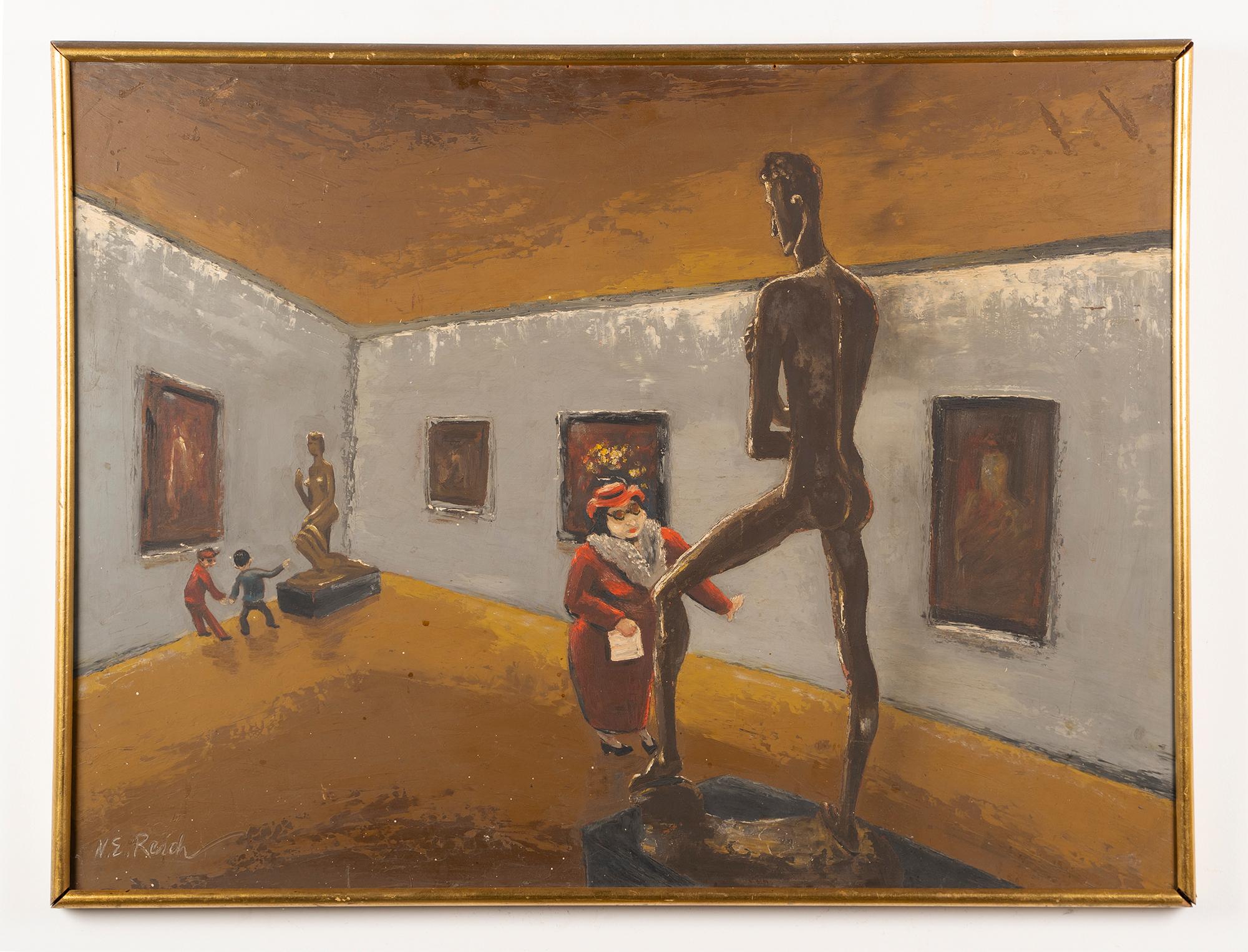 Antique American school museum interior oil painting by Nathaniel E. Reich.  Oil on board, circa 1940.  Signed.  Image size, 32L x 24H.  Housed in a period wood frame.
