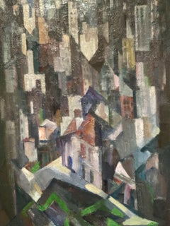 Peinture à l'huile cubiste vintage de New York (Manhattan) par Nathaniel Hoffman, 1962