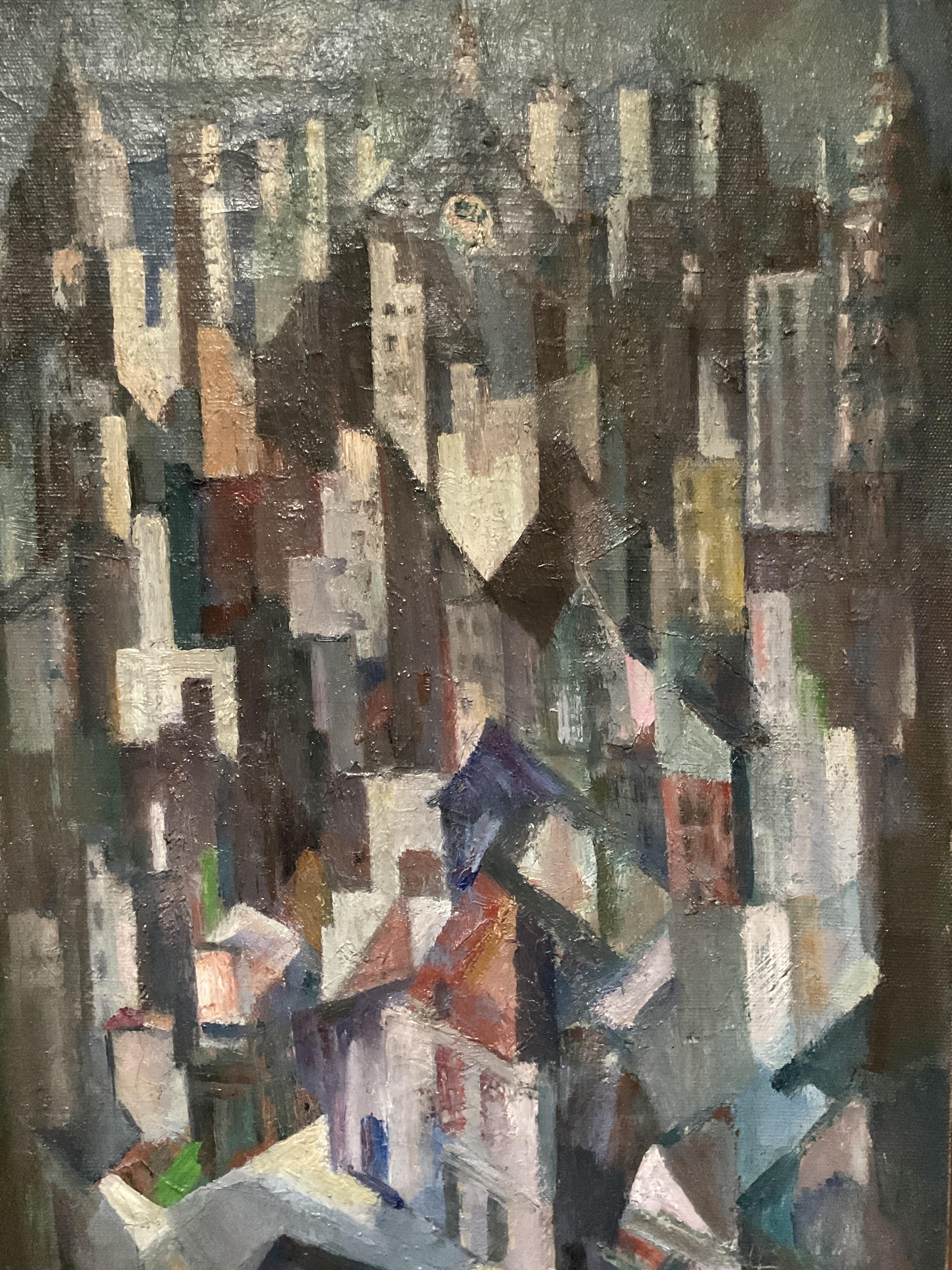 Peinture à l'huile cubiste vintage de New York (Manhattan) par Nathaniel Hoffman, 1962 2