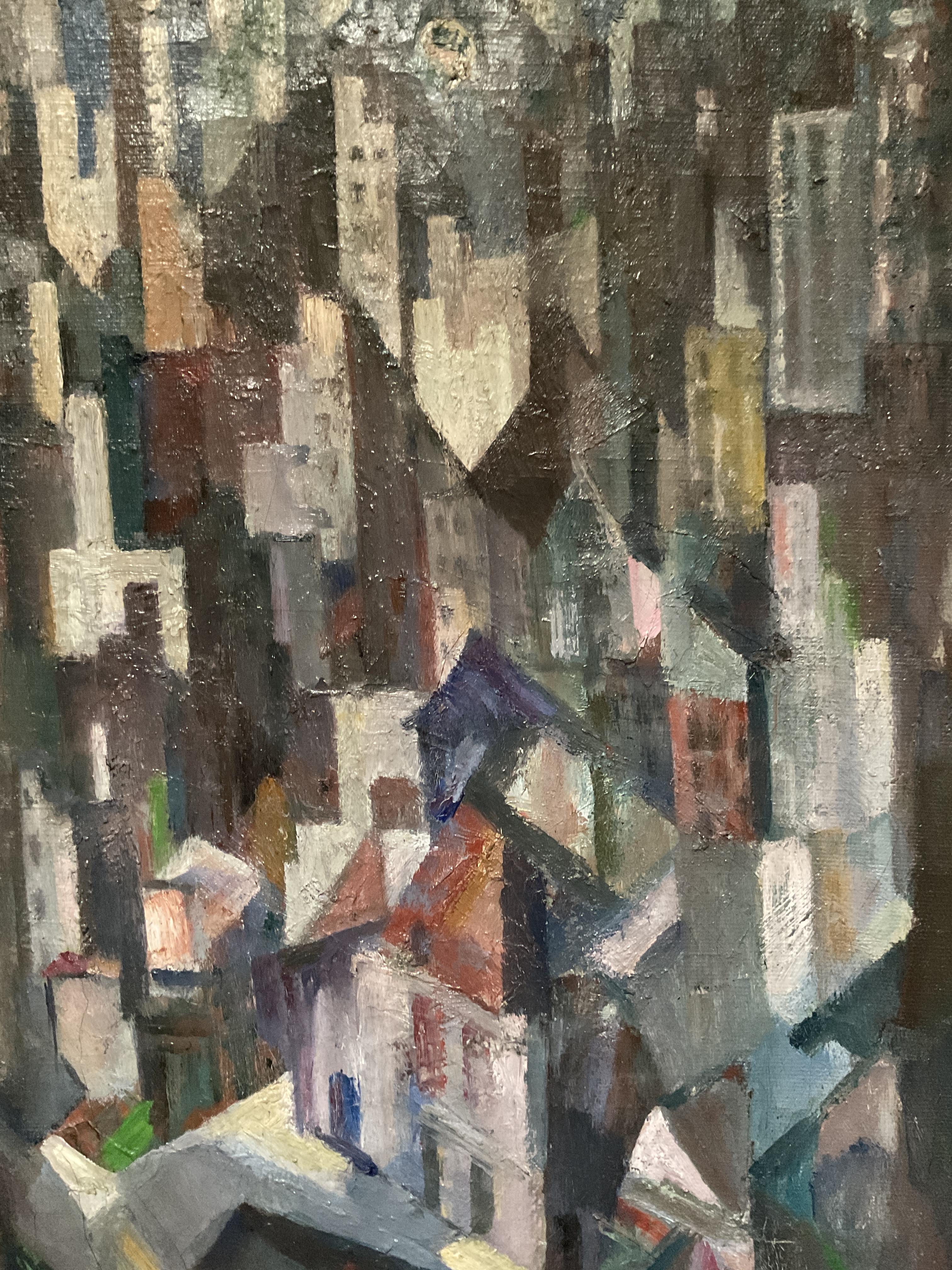 Peinture à l'huile cubiste vintage de New York (Manhattan) par Nathaniel Hoffman, 1962 3