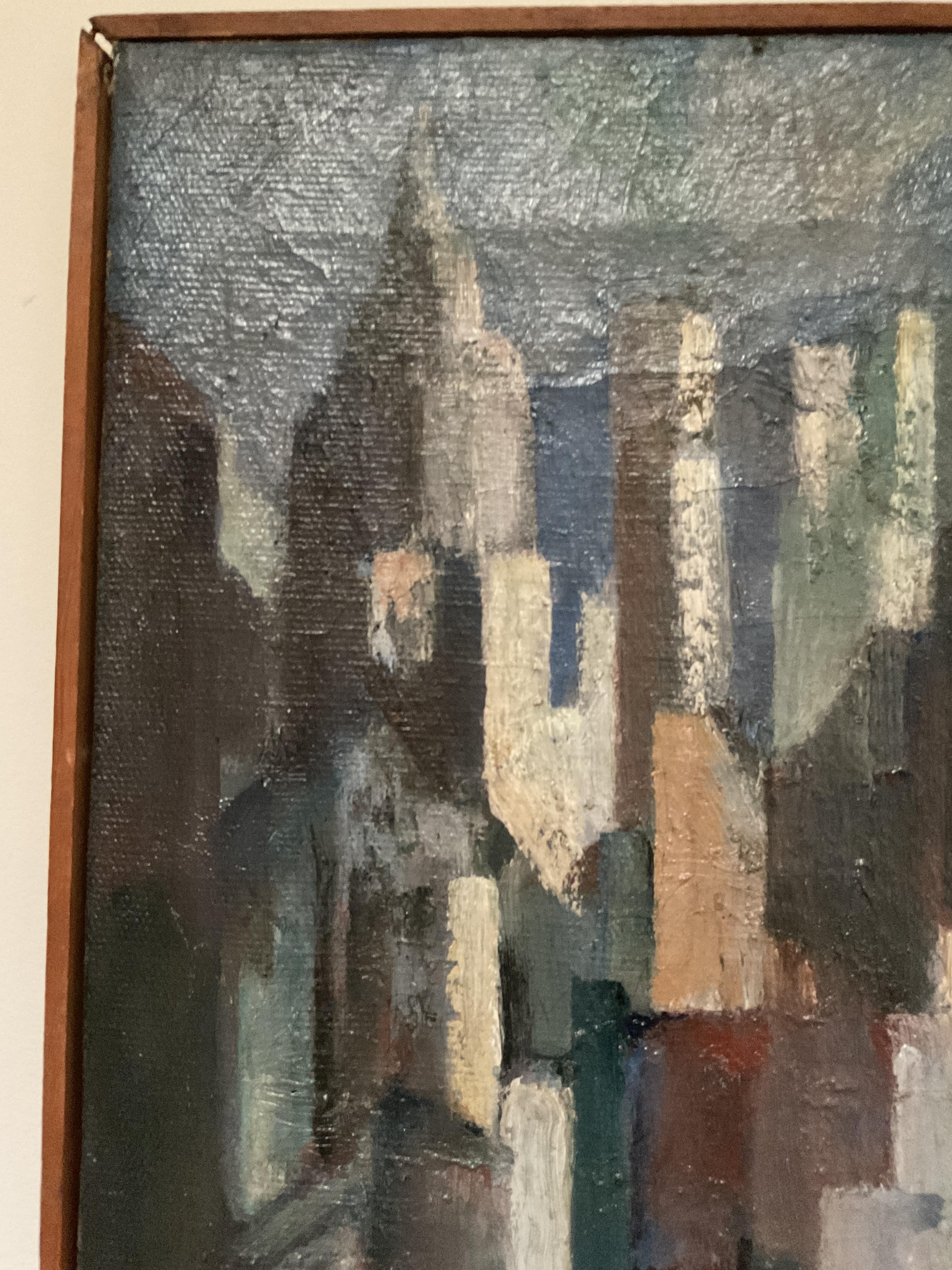 Peinture à l'huile cubiste vintage de New York (Manhattan) par Nathaniel Hoffman, 1962 5